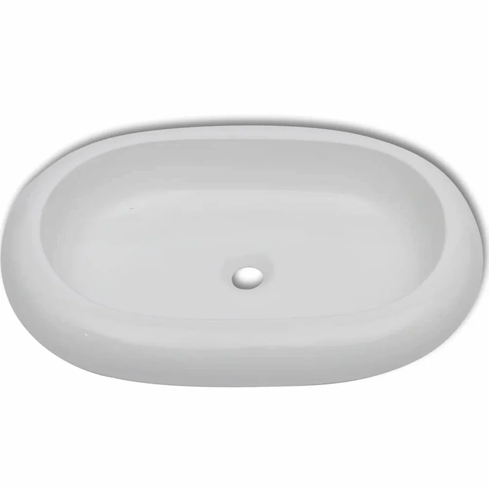 Ceramiczna umywalka owalna biała z zestawem baterii mieszającej | Wykończenie na wysoki połysk, otwór odpływowy 4,5 cm, konstrukcja z mosiądzu, chromowana powierzchnia, akcesoria montażowe