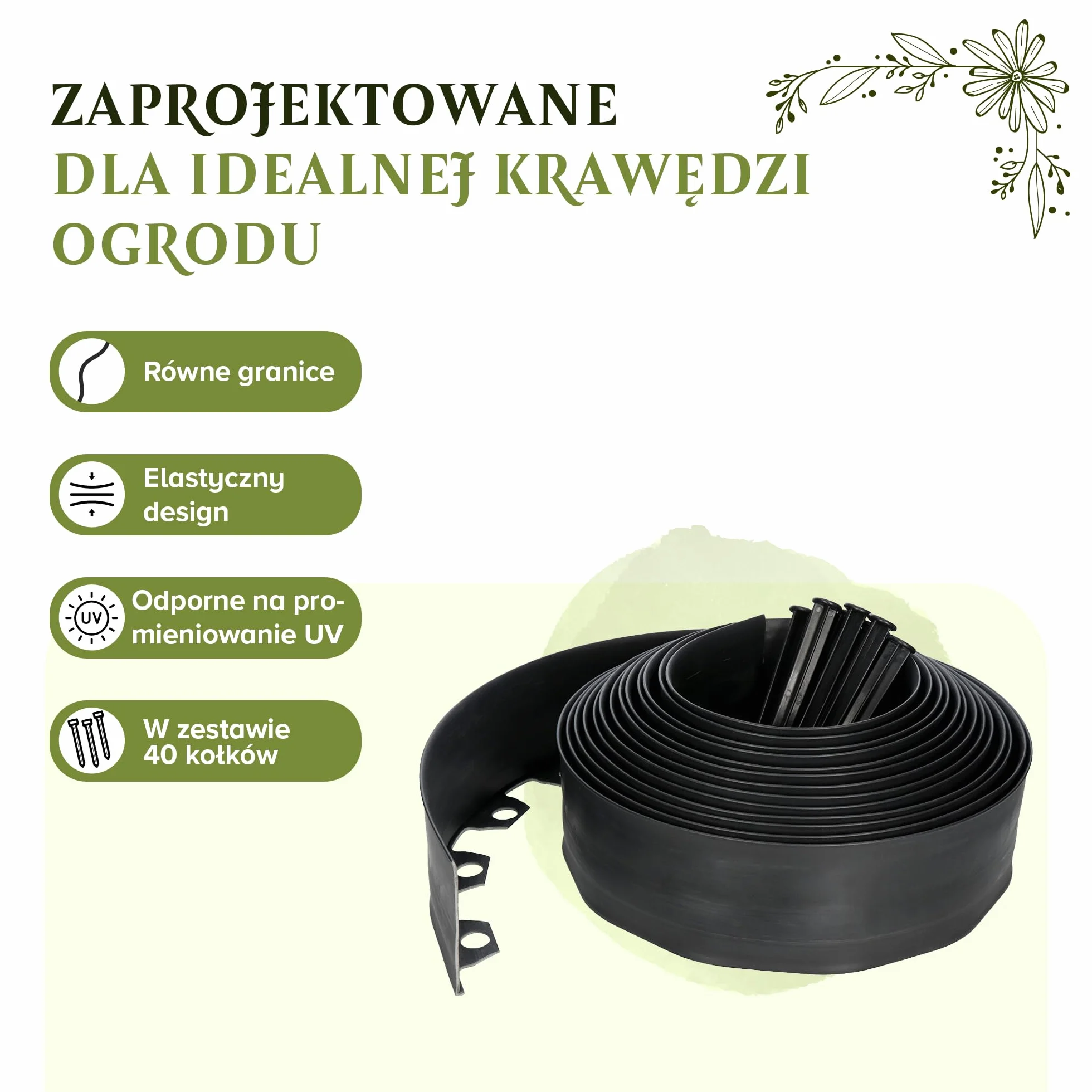 Elastyczne obrzeże trawnika 10 m 40 kotw gruntowych wysokość 4 cm czarne tworzywo sztuczne odporne na warunki atmosferyczne