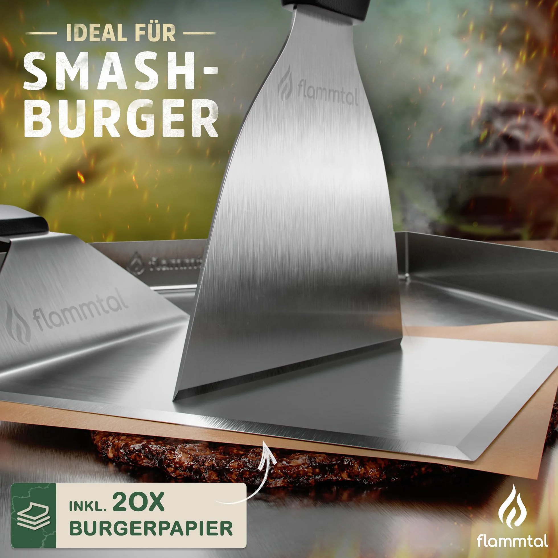 flammtal Smash Zestaw do burgerów, 20 sztuk papieru do hamburgerów, zestaw szpatułek do grilla ze stali nierdzewnej, wysokiej jakości szpatułka Plancha, nadająca się do mycia w zmywarce, do akcesoriów