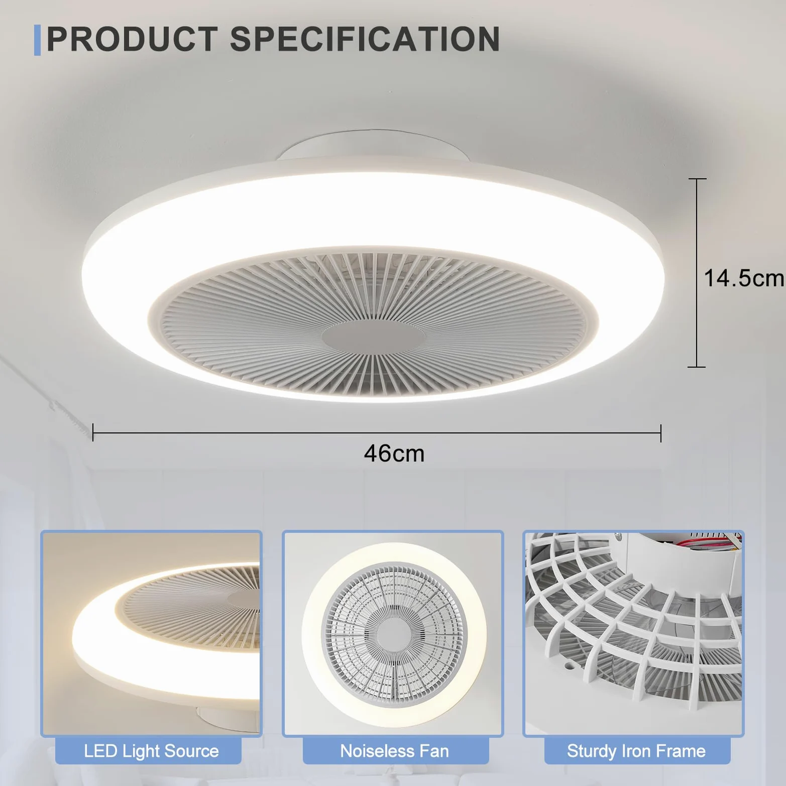 HARPER LIVING Wentylator sufitowy z oświetleniem LED i pilotem zdalnego sterowania, 50 W, 4000 lm, ściemniana lampa, 3 kolory światła, 6 prędkości, timer, cichy, do salonu, sypialni, kuchni