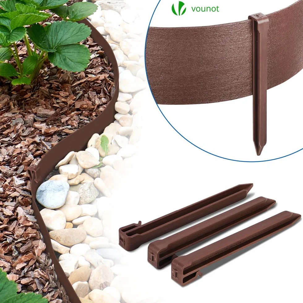 VOUNOT PE Obrzeże Ogrodowe 20 Metrów z 12 Kołkami do Zakotwiczenia Elastyczna Obrzeże Trawnika Naturalny Wygląd Wysokość 13cm Grubość 4mm Brązowy