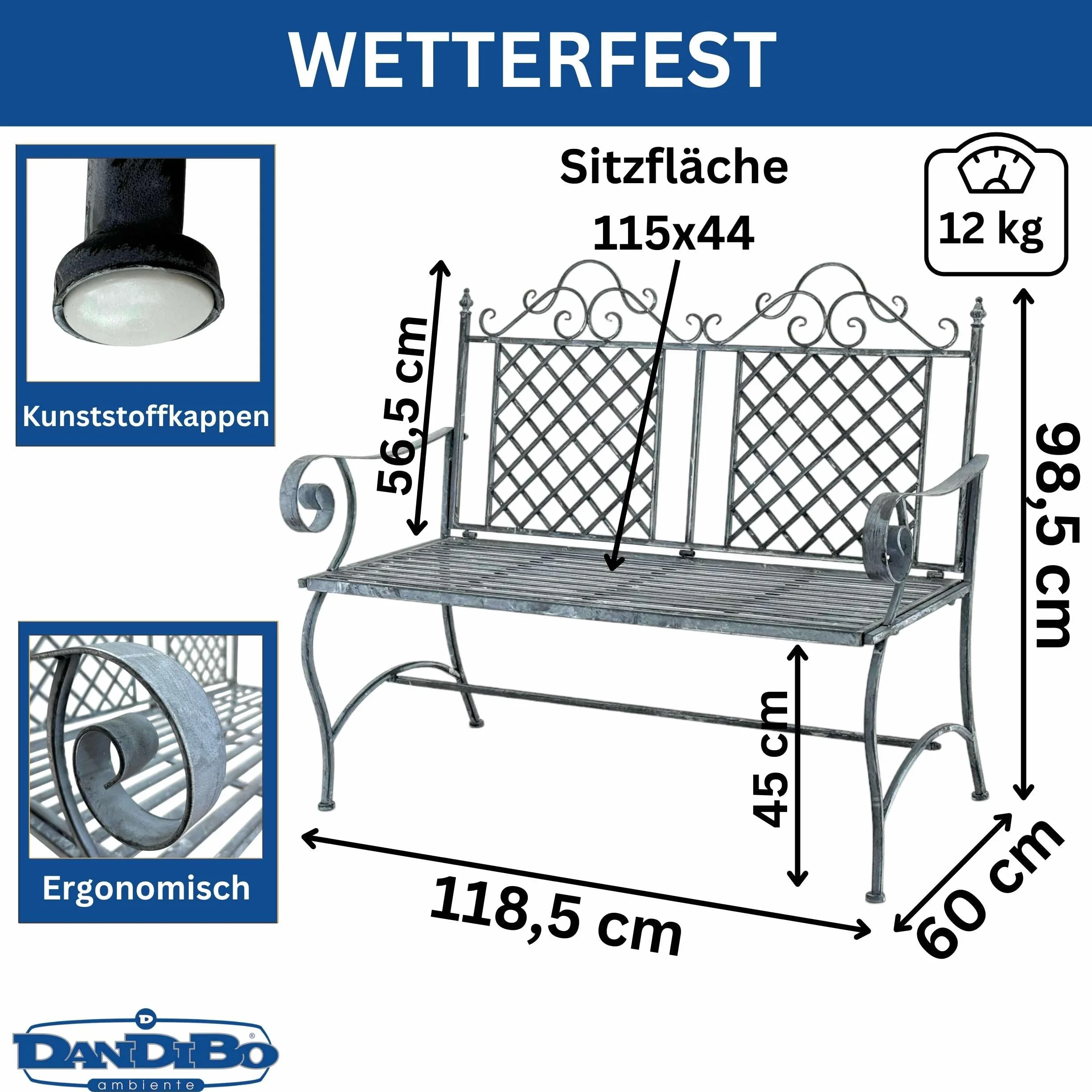 DanDiBo Ławka ogrodowa, odporna na warunki atmosferyczne, 2-osobowa, metalowa, szara, 120 cm, 96592, żelazna ławka do siedzenia, ławka ogrodowa, antyczna ławka parkowa