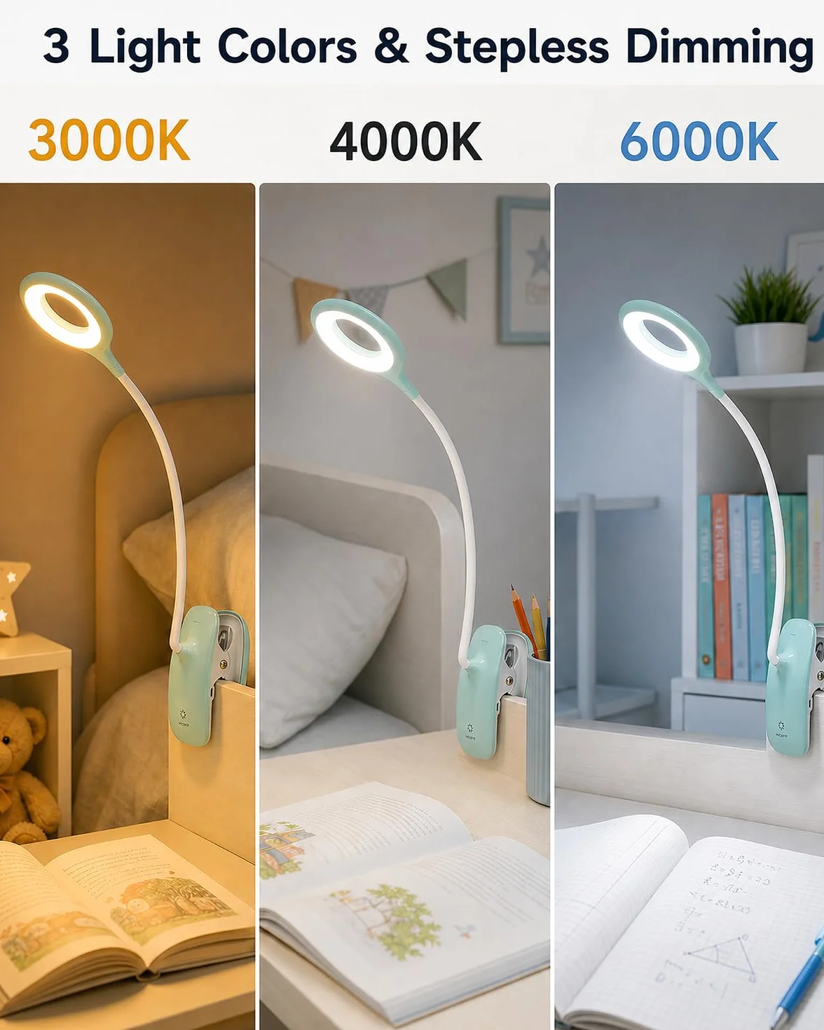 Lampka Zaciskowa do Łóżka dla Dzieci, LED Lampka do Czytania z Klipsem USB, 3 Kolory Światła, Dotykowe Ściemnianie, Lampka Nocna z Elastycznym Ramieniem do Pokoju Dziecka, Łóżka Piętrowego,niebieska