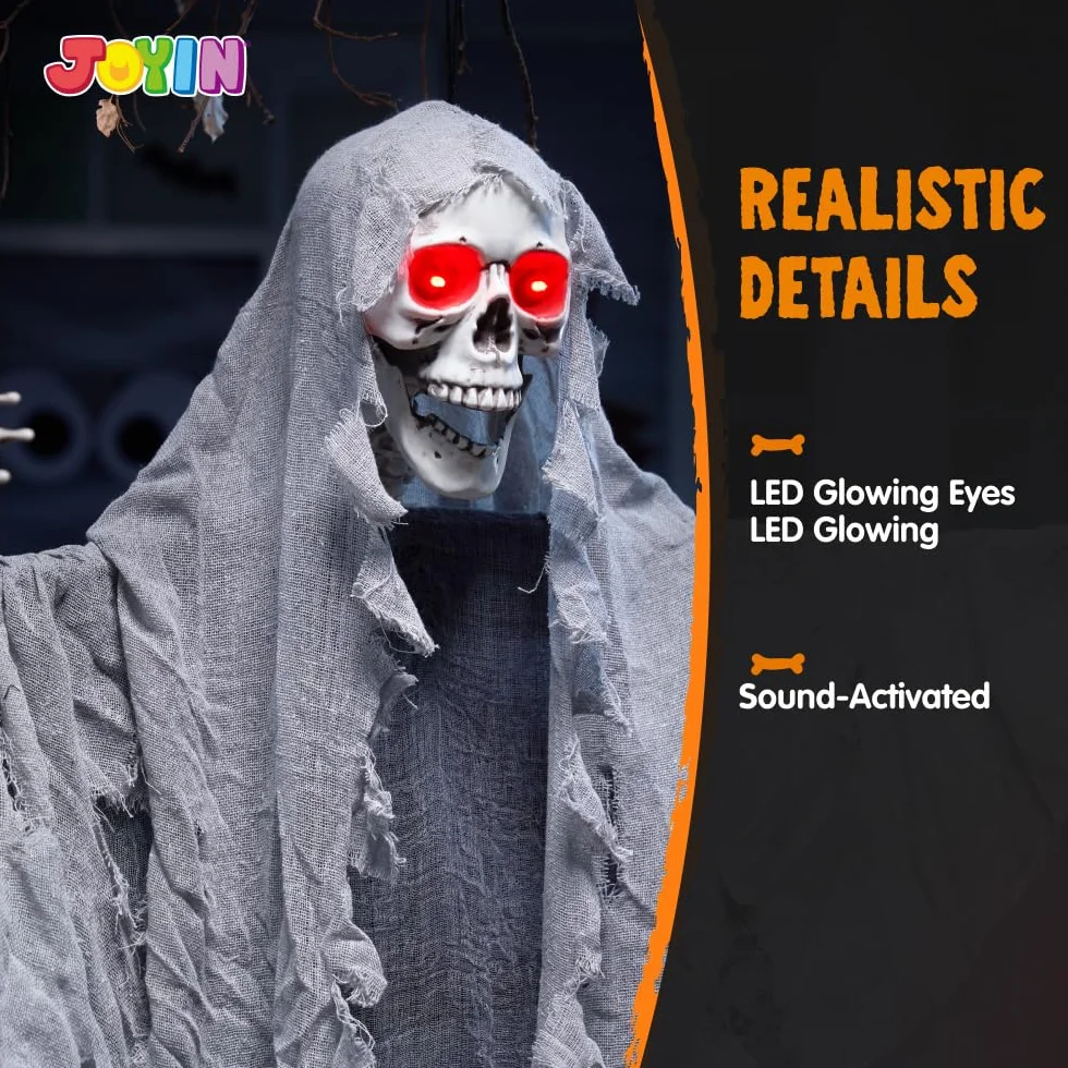 JOYIN wiszący podświetlany ponury żniwiarz 170 cm dekoracja zewnętrzna halloweenowa