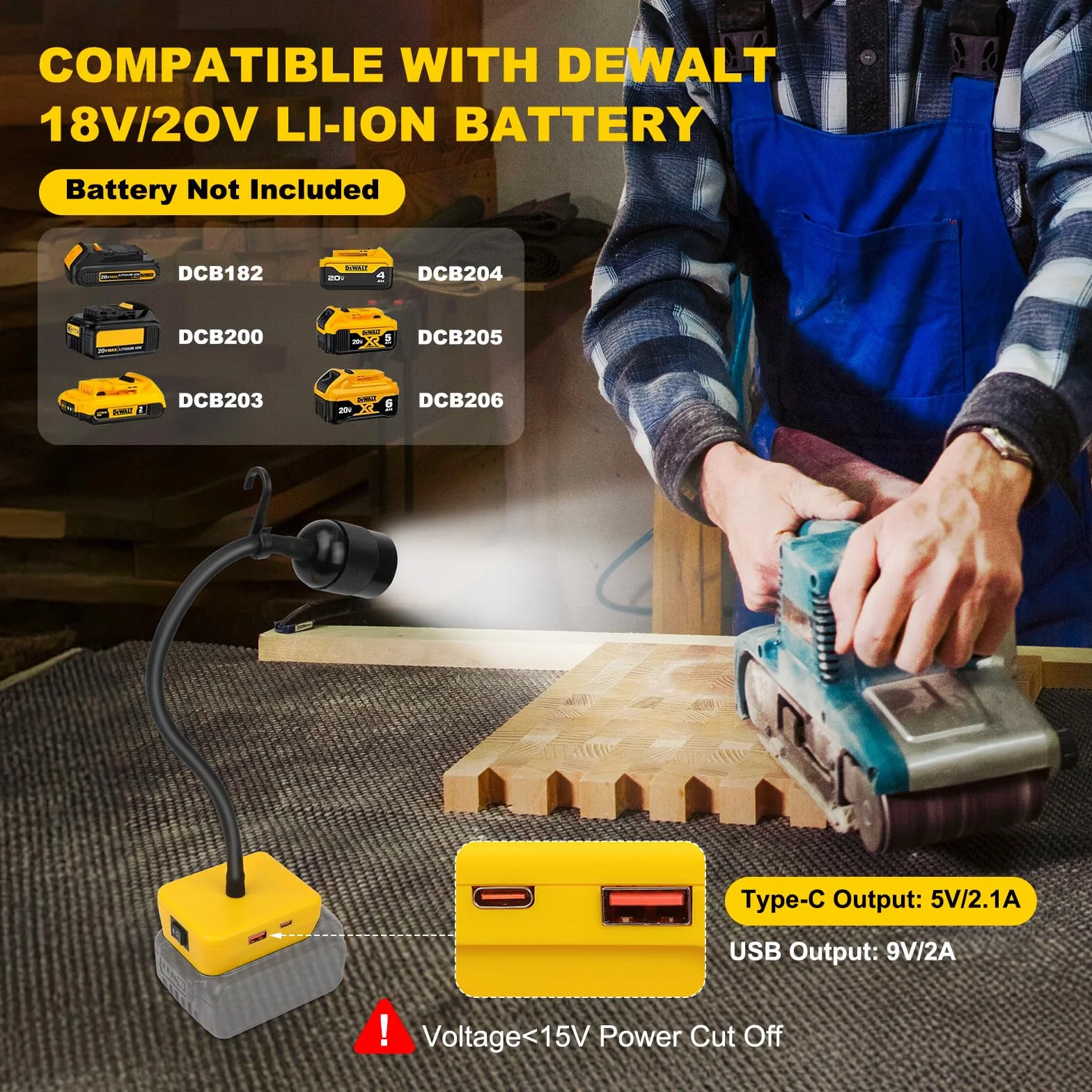 Lampa robocza LED kompatybilna z akumulatorem Dewalt 20 V – 30 W, 3000 lm, lampa warsztatowa LED z ochroną przed niskim napięciem – przenośne oświetlenie narzędziowe z przyłączem USB / do