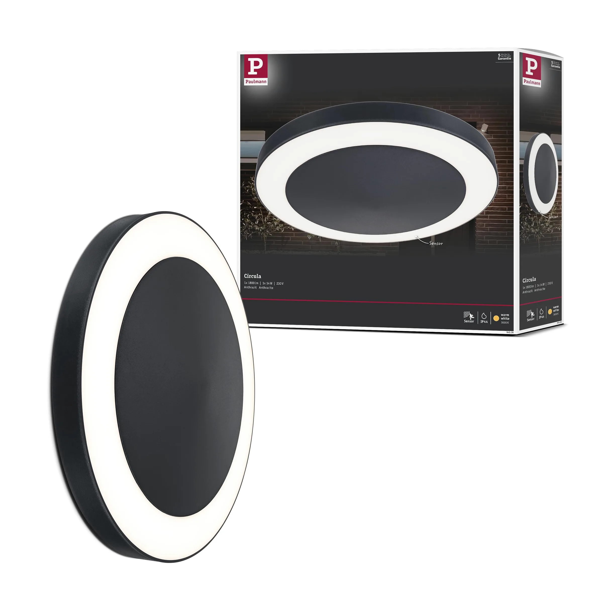 Paulmann 94526 lampa zewnętrzna LED Circula lampa sufitowa z czujnikiem zmierzchu/ruchu IP44 okrągła z 1x14 W ciepły biały antracyt tworzywo sztuczne 3000 K