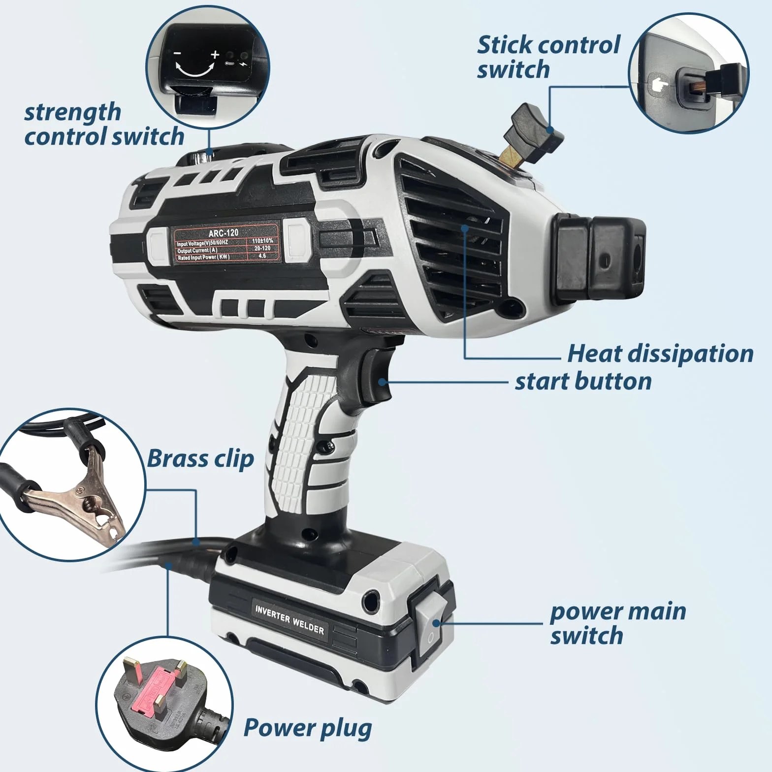 Spawarka, przenośny pistolet maszynowy do spawania łukowego, stojąca ręczna spawarka IGBT do spawarki 3/32"-1/8", spawarka 220 V, 6 zmiennych regulacji prądu (szara))