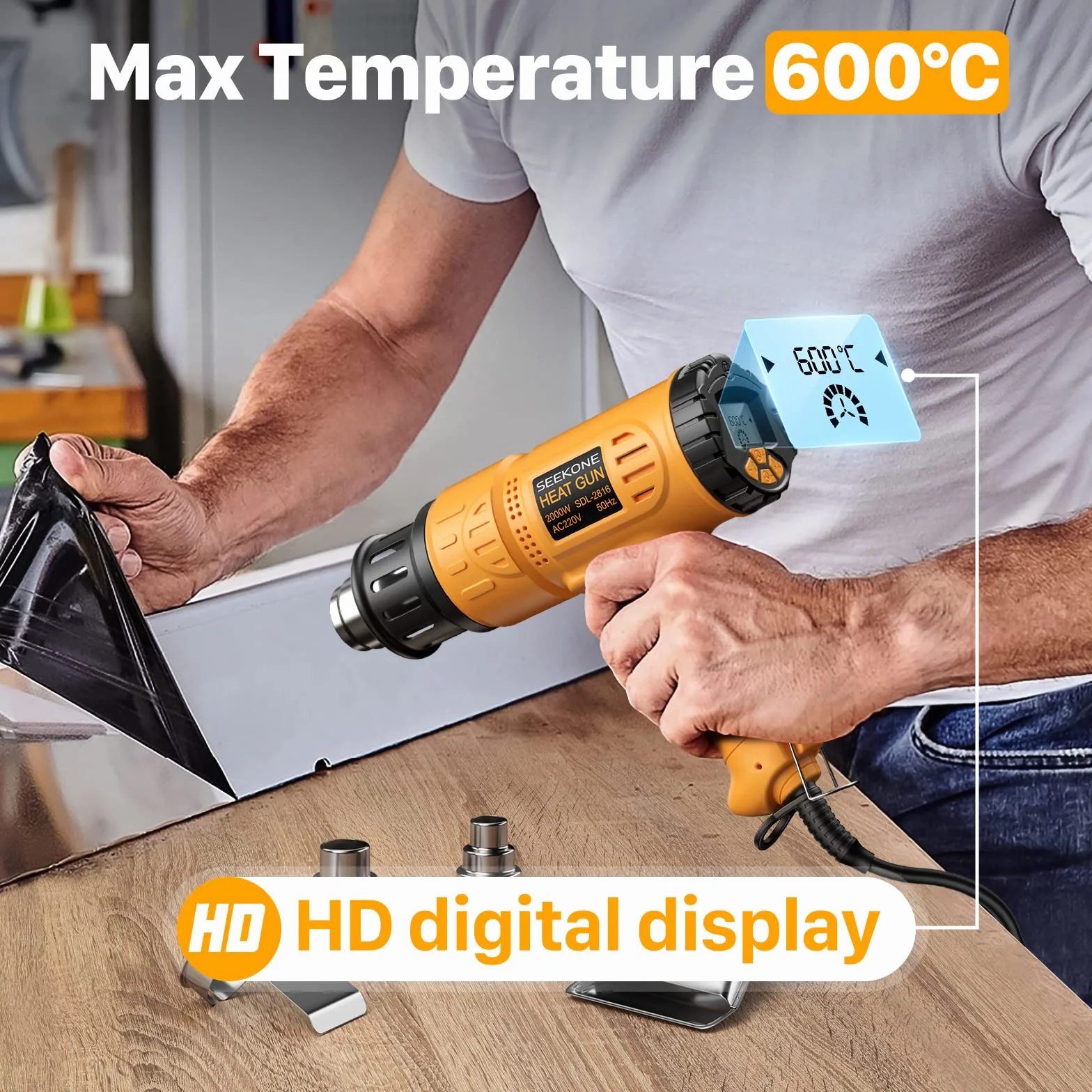 SEEKONE Profesjonalna opalarka 2000 W 50 ℃ - 600℃ z dużym cyfrowym wyświetlaczem LCD Zestaw przemysłowych pistoletów na gorące powietrze, regulacja temperatury, pamięć włączania, konwersja