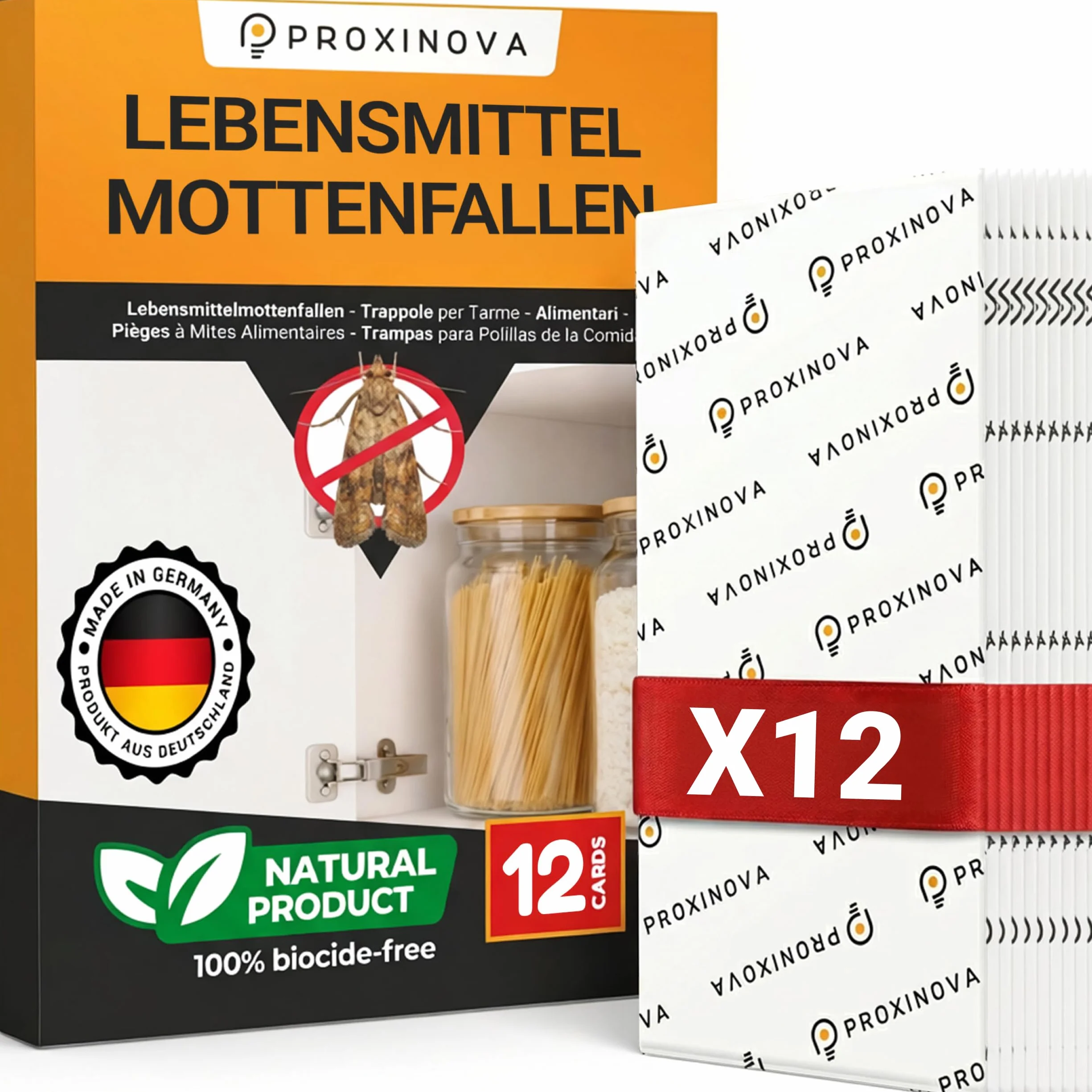 Pułapki na mole spożywcze – łapie mole i feromony owady pokarm dla dyskretnej kuchni, nietoksyczna do 3 miesięcy - Biocide Free - 12 kart - Made in Germany
