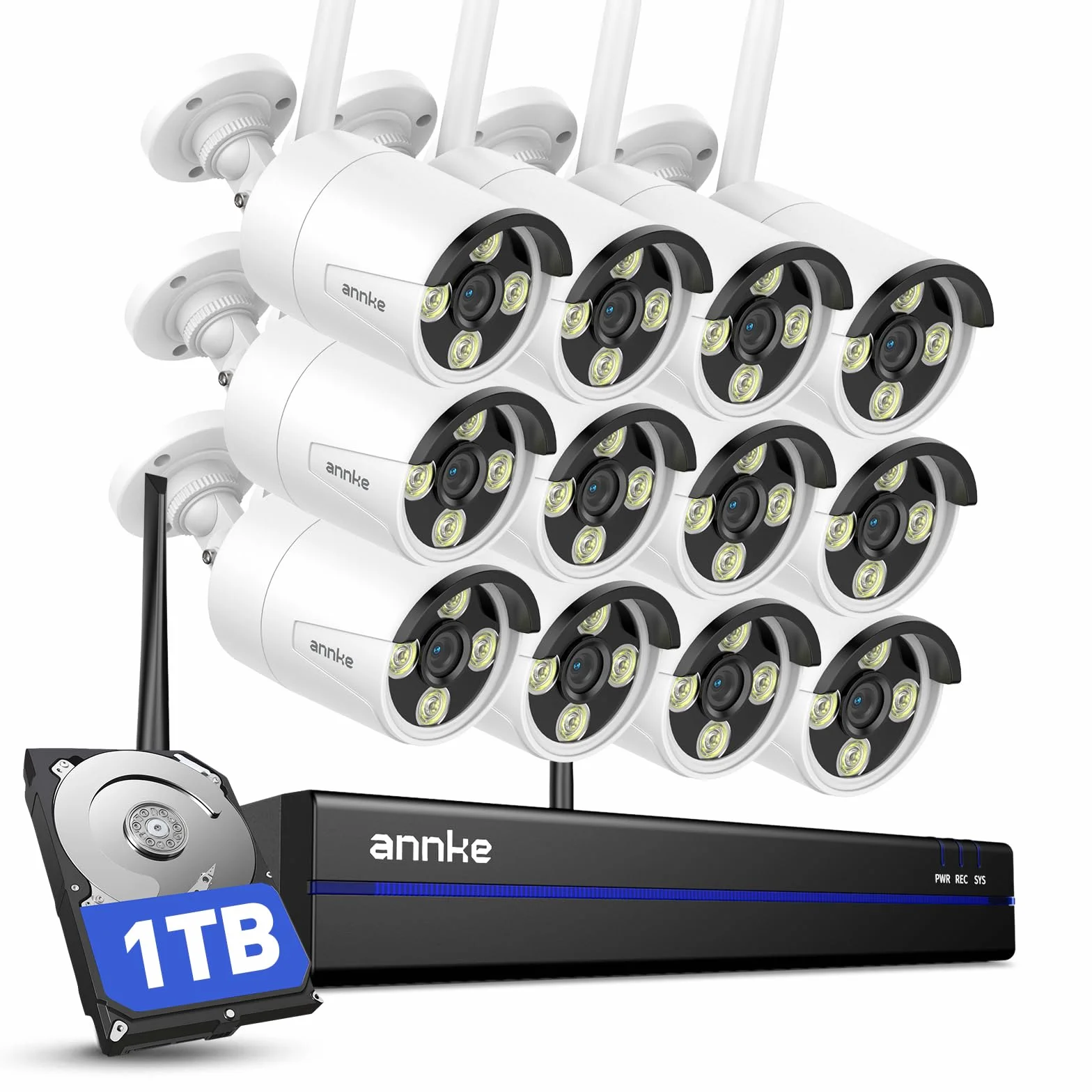 ANNKE Zestaw 2K WLAN kamera do monitoringu, do użytku na zewnątrz, 12 x 2K WiFi, 16 CH 4K NVR z 1TB HDD, w pełni metalowy, 5 GHz/2,4 GHz Wi-Fi, noktowizor, rozpoznawanie osób, 2-drożne audio