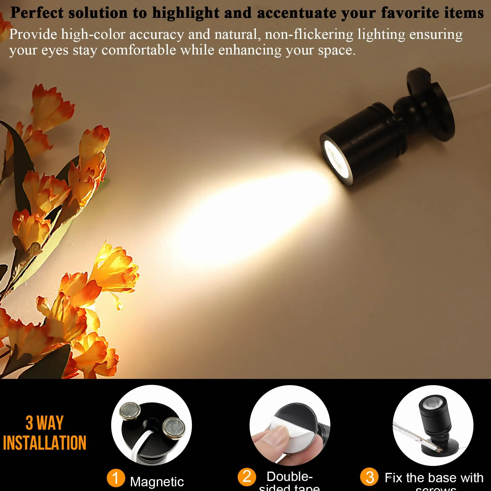 Reflektor LED do wnętrz, szafy i akcentów, 1W, obracany 360°, aluminium, mini, korytarze, galerie, sklepy, szafki na biżuterię (ciepła biel, 2'