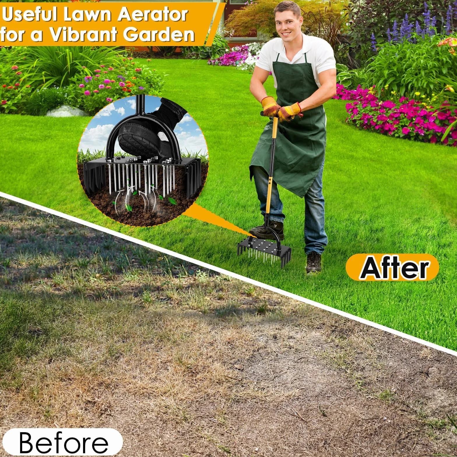 Aerator do trawnika 96 cm Ręczny napowietrzacz ziemny z uchwytem T 17 kolcami stalowymi