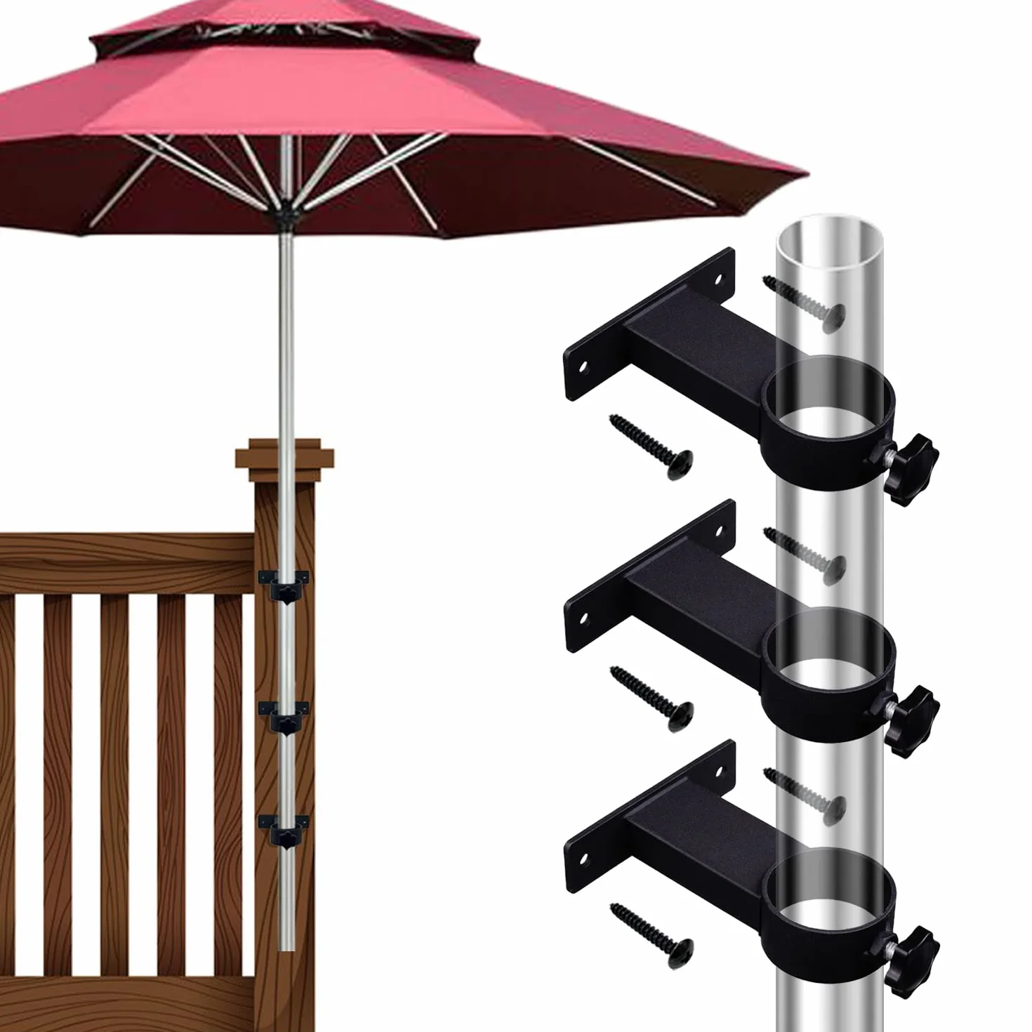 3 szt. czarny uchwyt na parasol tarasowy zewnętrzny uchwyt zaciskowy do ogrodzeń balustradowych, balkonów lub dziedzińca itp., maksymalizując oszczędność miejsca