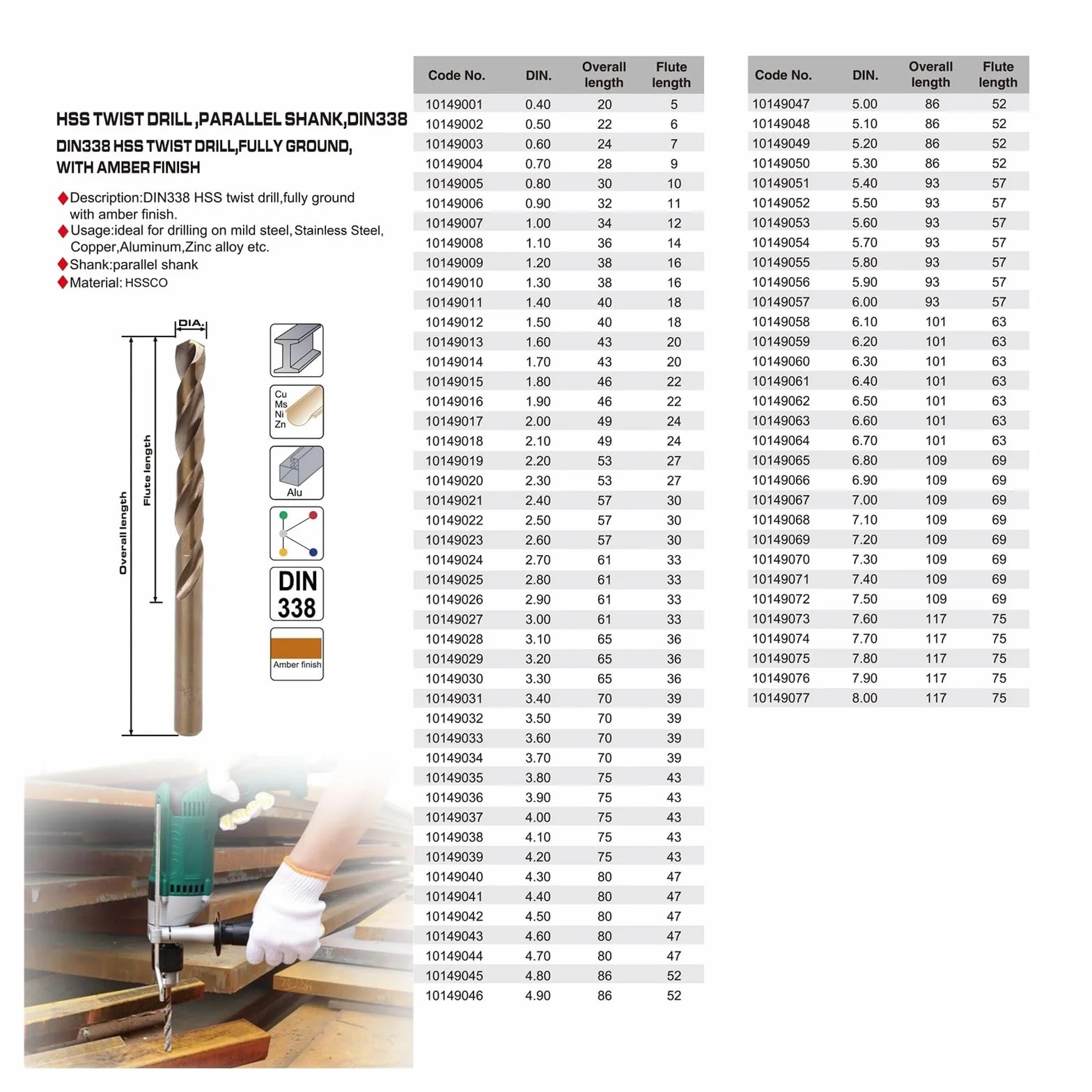 10 szt. Zestaw wierteł krętych ze stali szybkotnącej kobaltowej M35, od 0,5 mm do 8,0 mm, do stali nierdzewnej i twardych metali(7.2mm)