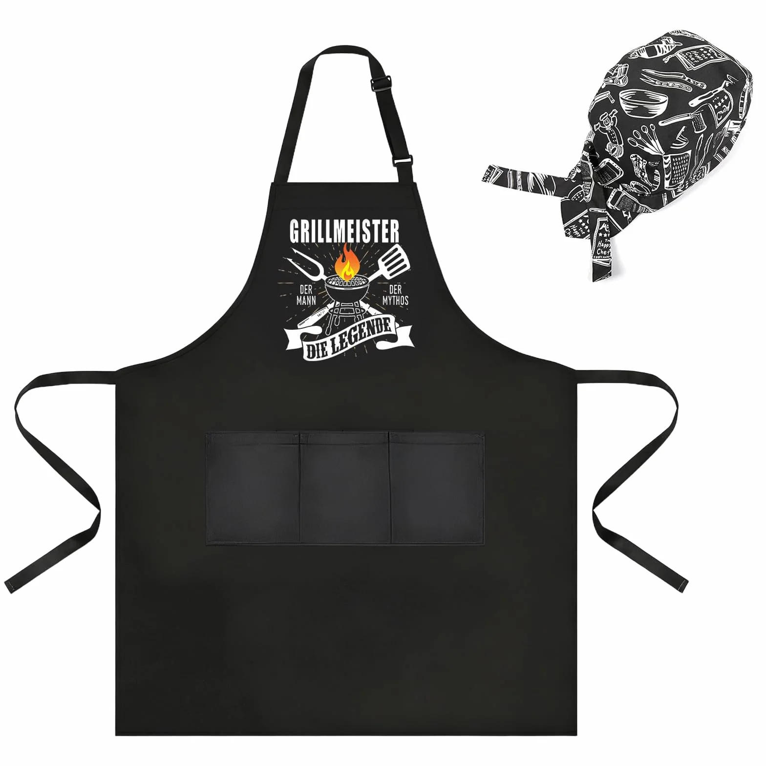 Zabawny fartuch kucharski z 3 kieszeniami, męski, 80 x 70 cm, regulowany fartuch do grillowania z długim fartuchem do grillowania dla mężczyzn, w zestawie czapka kucharska, fartuch dla