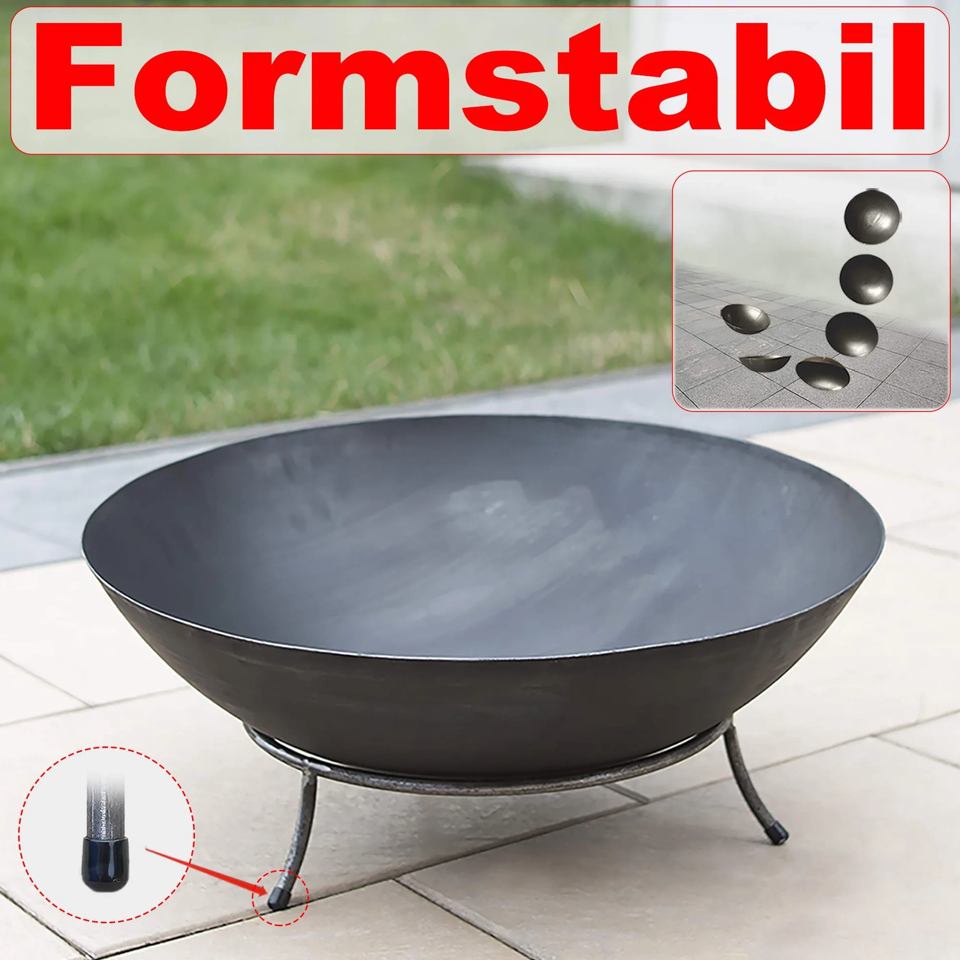 Köhko miska paleniskowa & Pit Kup Fire Bowl Marbela ok. 50x50x24 cm ze stali z 3 nóżkami do BBQ, Camping, ognisko ogrodowe na węgiel drzewny lub drewno z podstawką