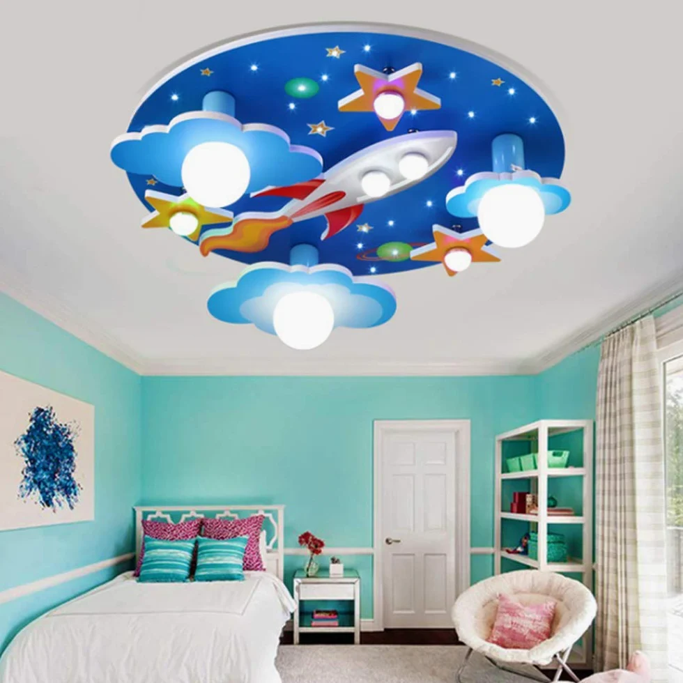 Universe rakieta lampa sufitowa gwiazda oświetlenie dziecięce E27 drewno rzemiosło szkło oświetlenie ultracienka lampa do holu biała lampa LED pokój dziecięcy sypialnia salon pokój dziecięcy kreskówka światła żyrandol