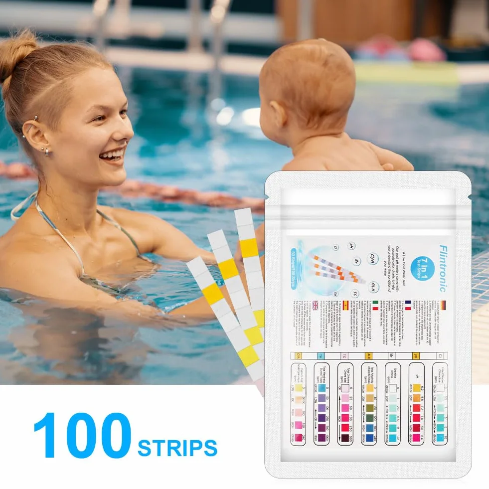 Flintronic 100 pasków testowych do basenu i spa 7 w 1 pH brom twardość chlor