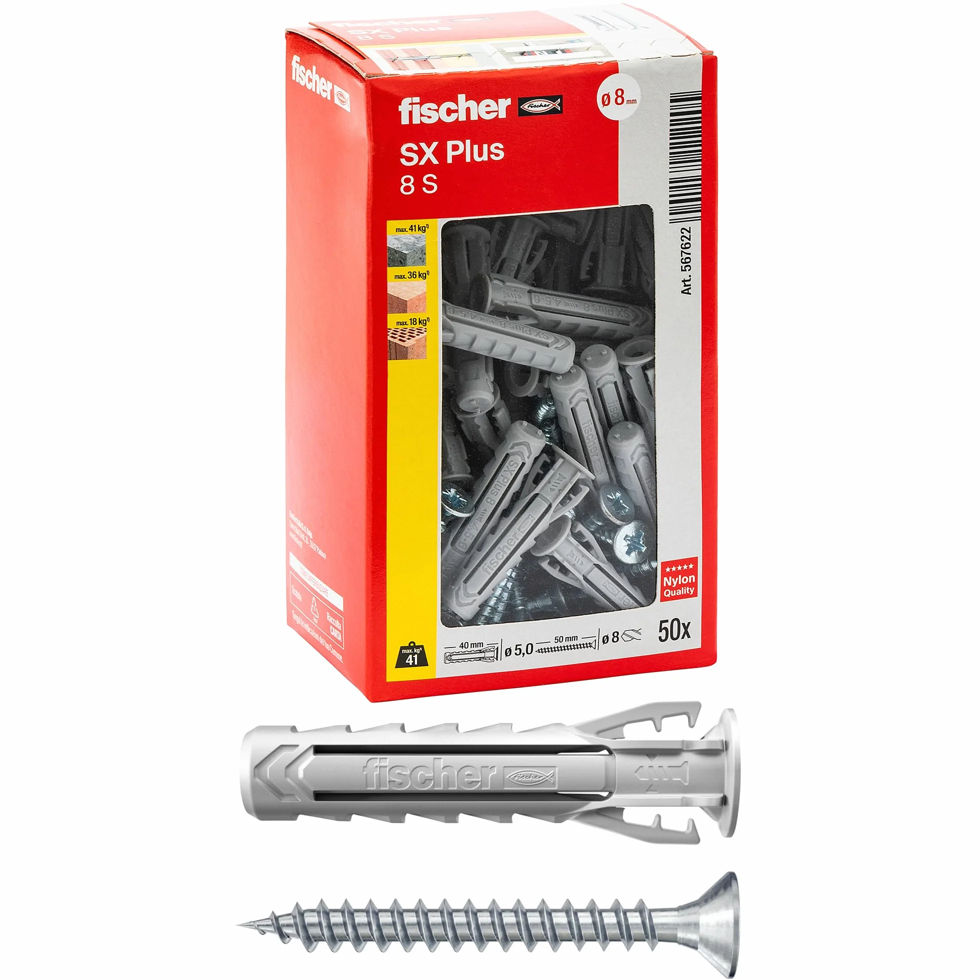 Fischer 50 kołków SX Plus ze śrubą 8x40 mm do pełnej ściany, perforowanej cegły, muru, betonu, do mocowania żyrandoli, mebli, szafek ściennych, półek, 567622