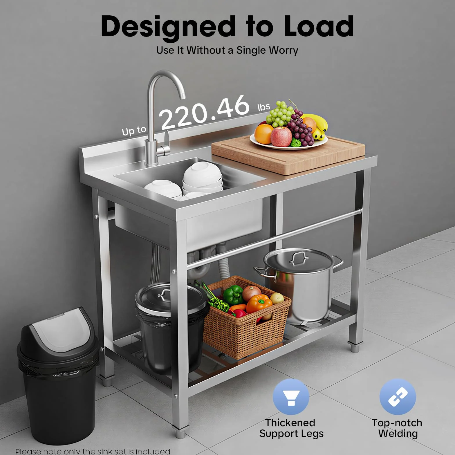 Duży, wolnostojący zlewozmywak ze stali nierdzewnej, z blatem roboczym, wolnostojący, pojedynczy zlewozmywak, nośność 100 kg, nadaje się do dużych kuchni, restauracji i barów