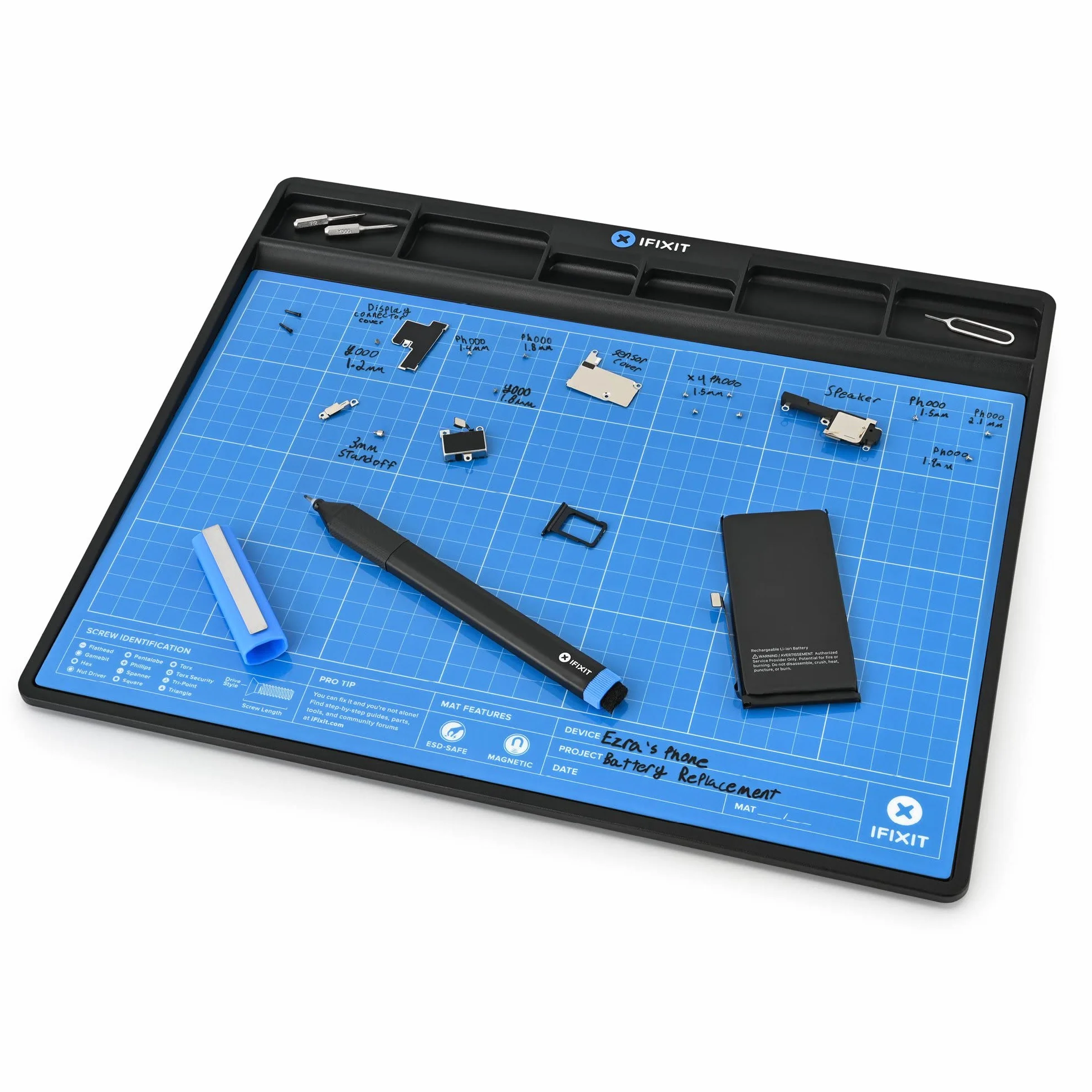 iFixit FixMat, magnetyczna mata robocza z przegródkami na śruby i komponenty do naprawy elektroniki, antystatyczna i do pisania, z długopisem | Do śrub i części zamiennych do naprawy elektroniki