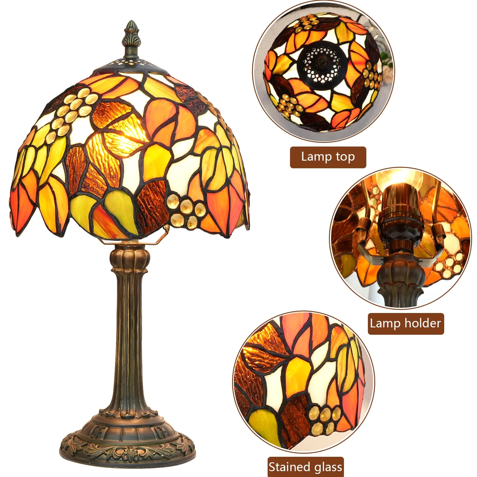 Tiffany lampa stołowa z witrażem, pomarańczowa, winogronowa, do sypialni, na biurko, do biura, sypialni, baru, dekoracja, styl retro, jedyny w swoim rodzaju, miły akcent, dekoracja 20 cm