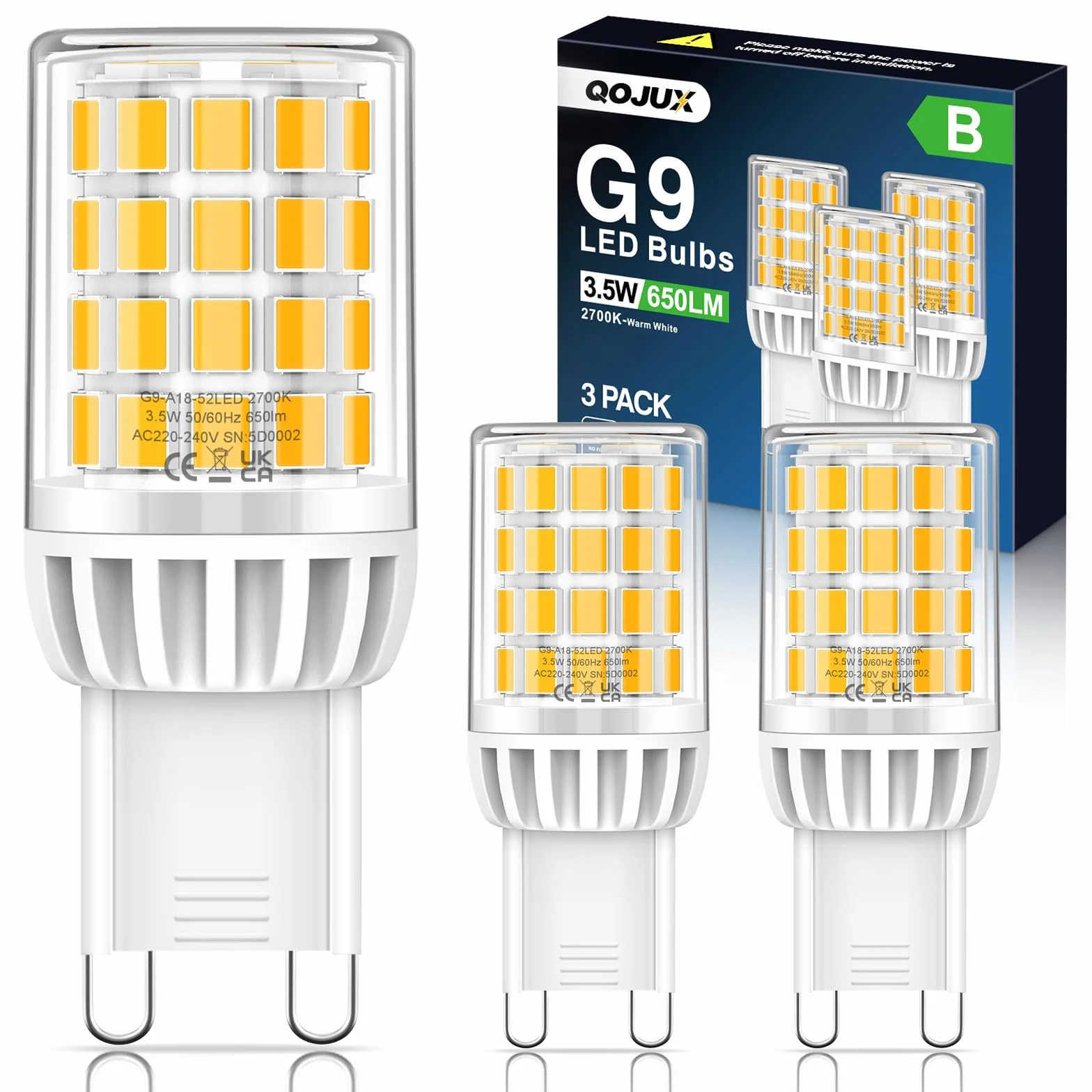Żarówka LED G9 ciepła biel, 3,5 W 650 LM Efektywność energetyczna klasy B, odpowiednik halogenu 50W, żarówka G9 Efektywność energetyczna, bez migotania, nie ściemnialna, zestaw 3 szt