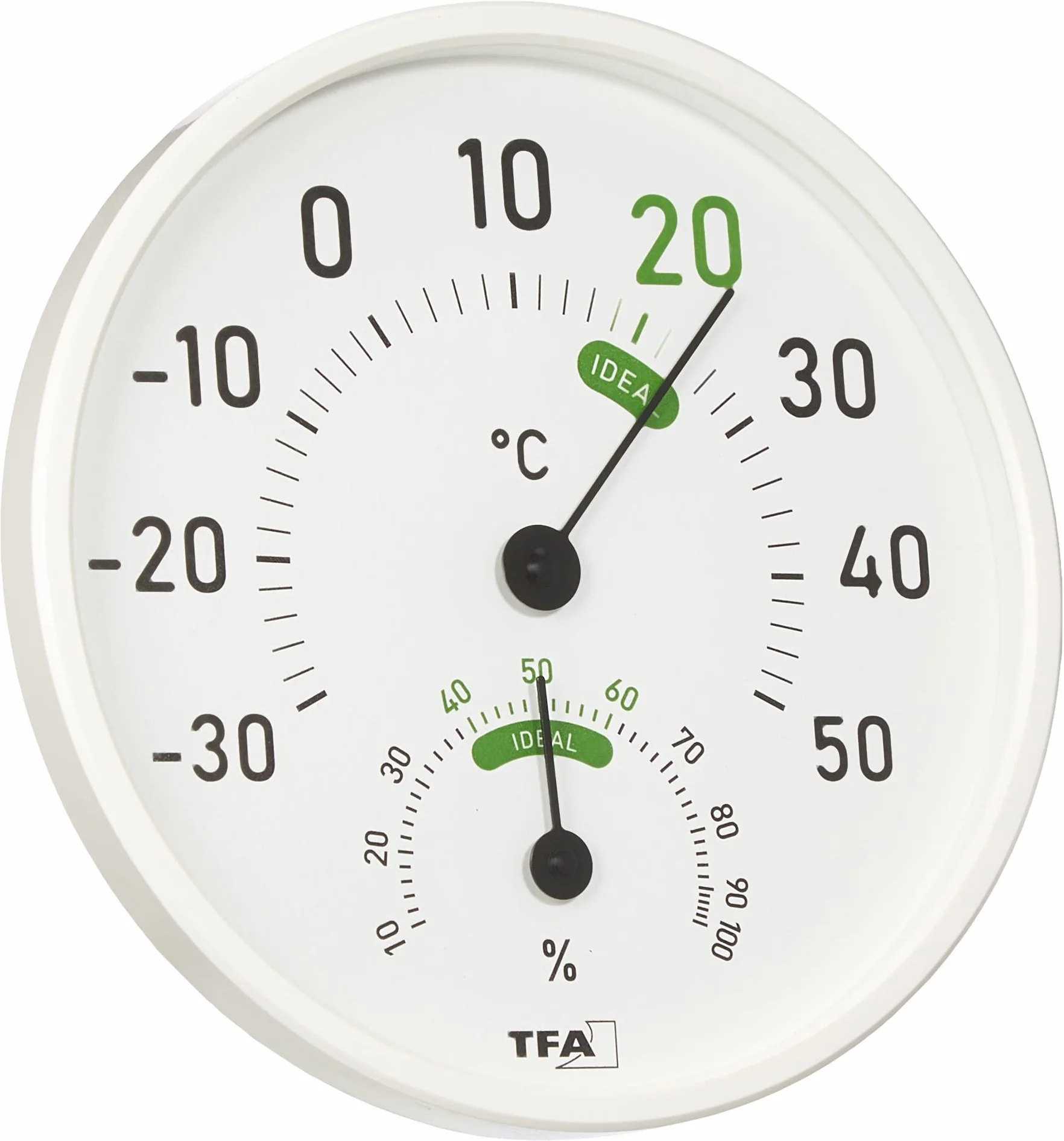 TFA Dostmann Analogowy termohigrometr, 45.2045.02, do wewnątrz i na zewnątrz, z kolorowymi strefami komfortu, biały, dł. 130 x szer. 20 x wys. 165 mm