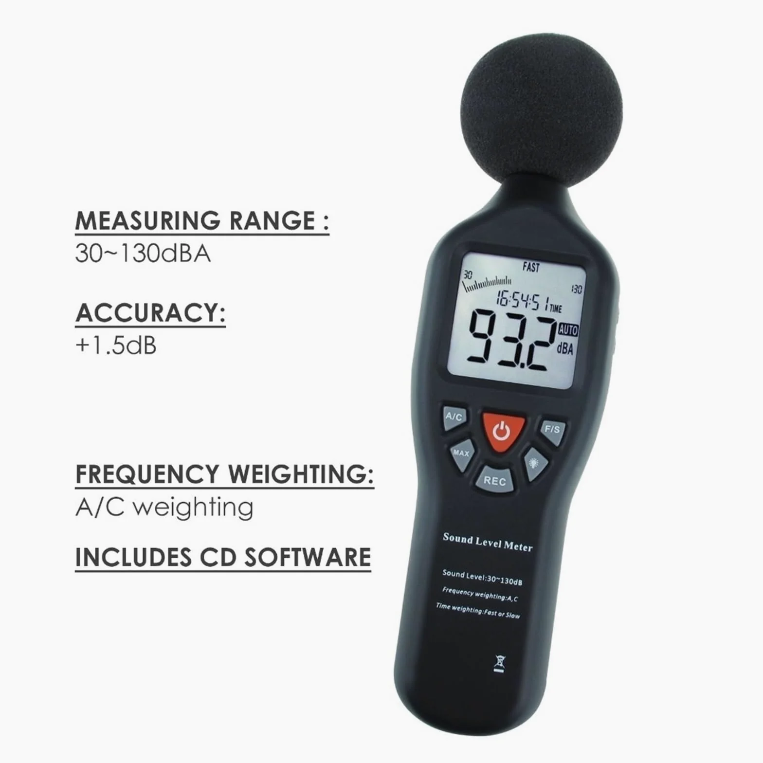 Miernik Decybeli Cyfrowy Miernik Poziomu Dźwięku Decybel 30dB - 130dB Funkcja Rejestrowania Danych Tester Hałasu Rejestrator