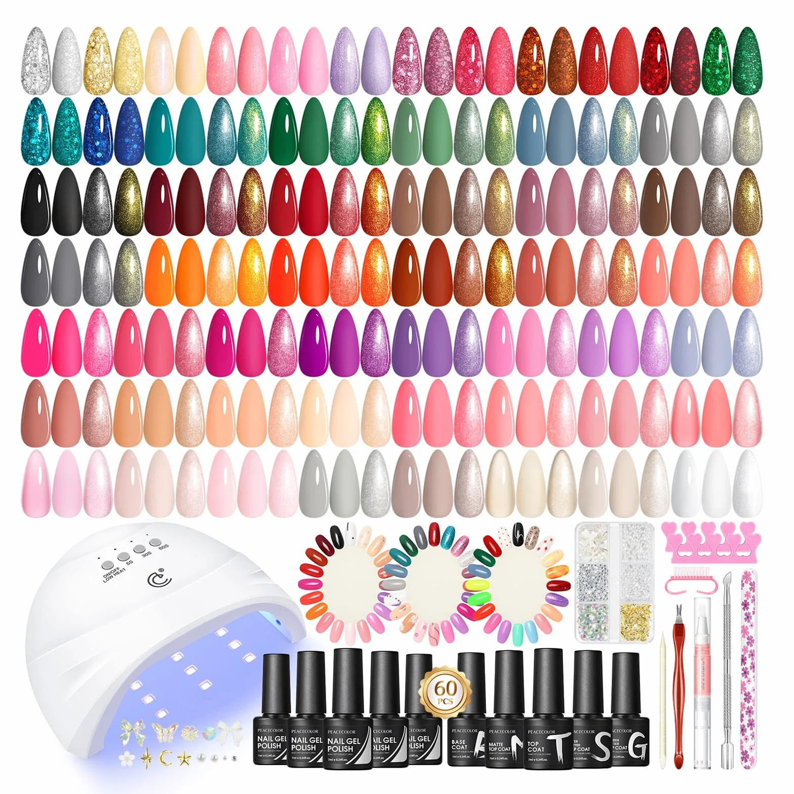PEACECOLOR 73 szt. Zestaw półtrwałych paznokci i lampy, 55 kolorów półtrwały żelowy lakier do paznokci z podstawą Top Matowy Top Coat Zestaw do manicure półtrwały dla początkujących