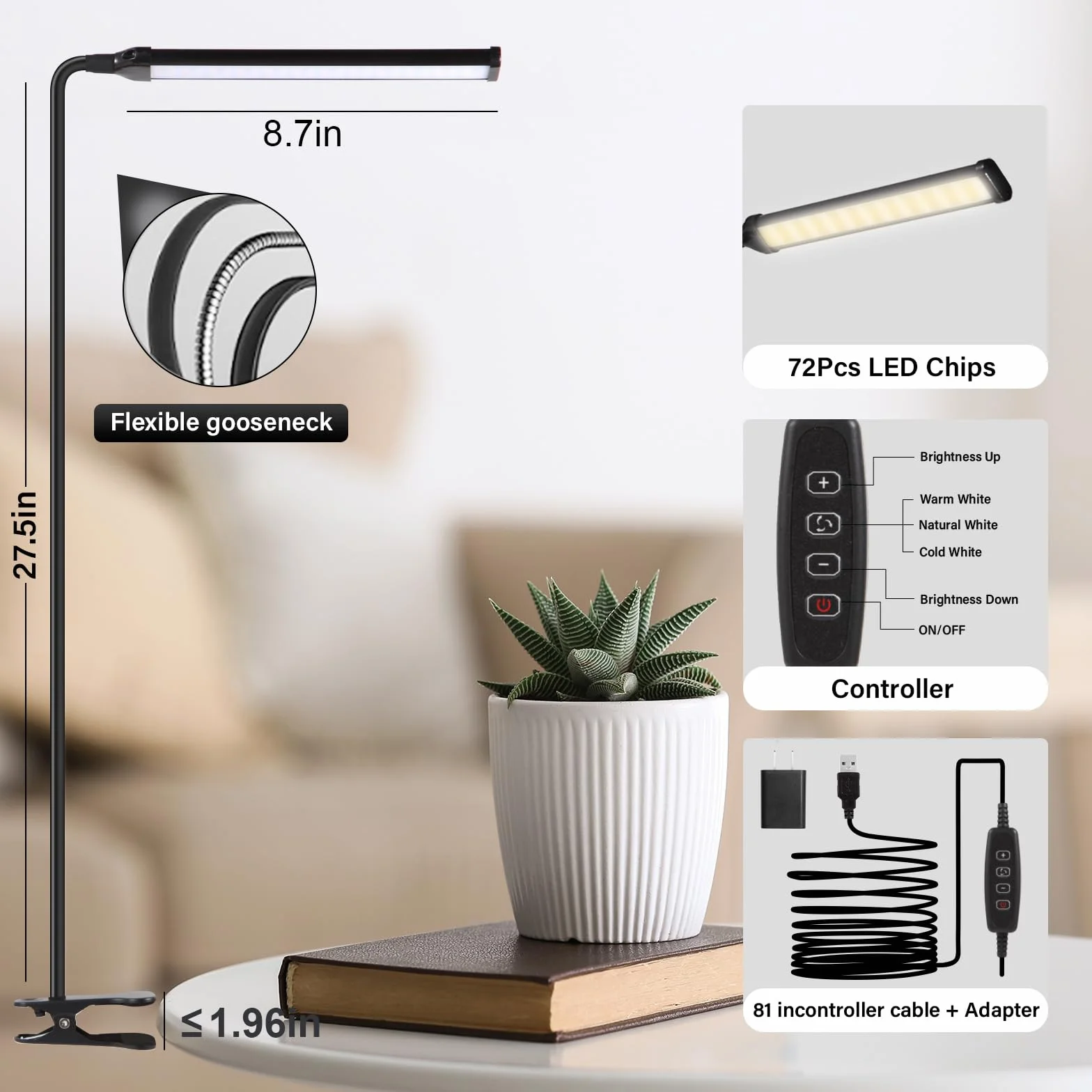 Lampa biurkowa LED, lampa do czytania-3 tryby oświetlenia i 10 poziomów jasności, lampa nocna, 6 W z adapterem USB, 70 cm elastyczny 360° do czytnika, łóżka, biura