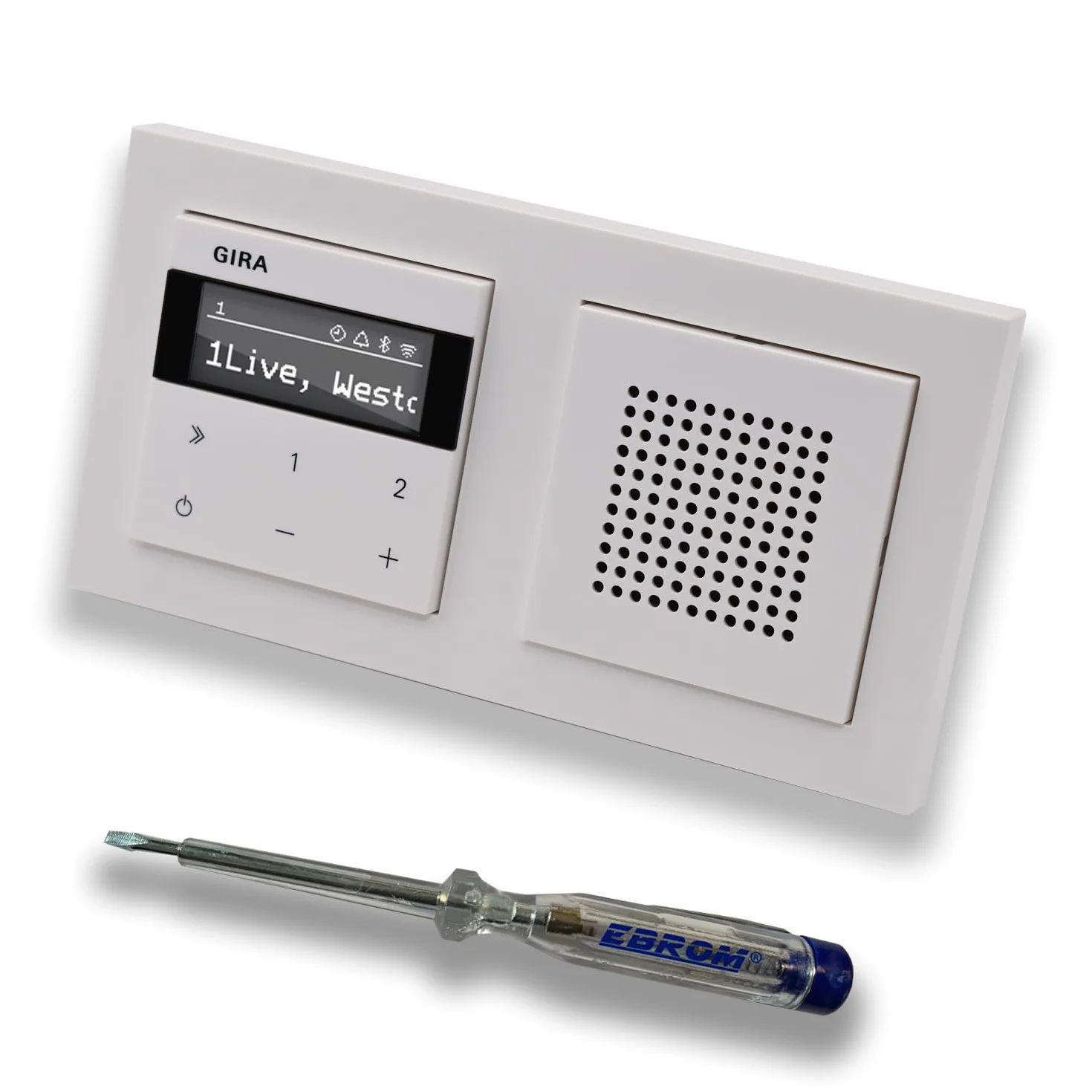 Gira podtynkowe IP radio internetowe 232003 + Bluetooth kompletny zestaw z głośnikiem - E2 czysta biel błyszcząca z podwójną ramą Gira 021229 wraz z testerem fazowym EBROM do montażu urządzeń
