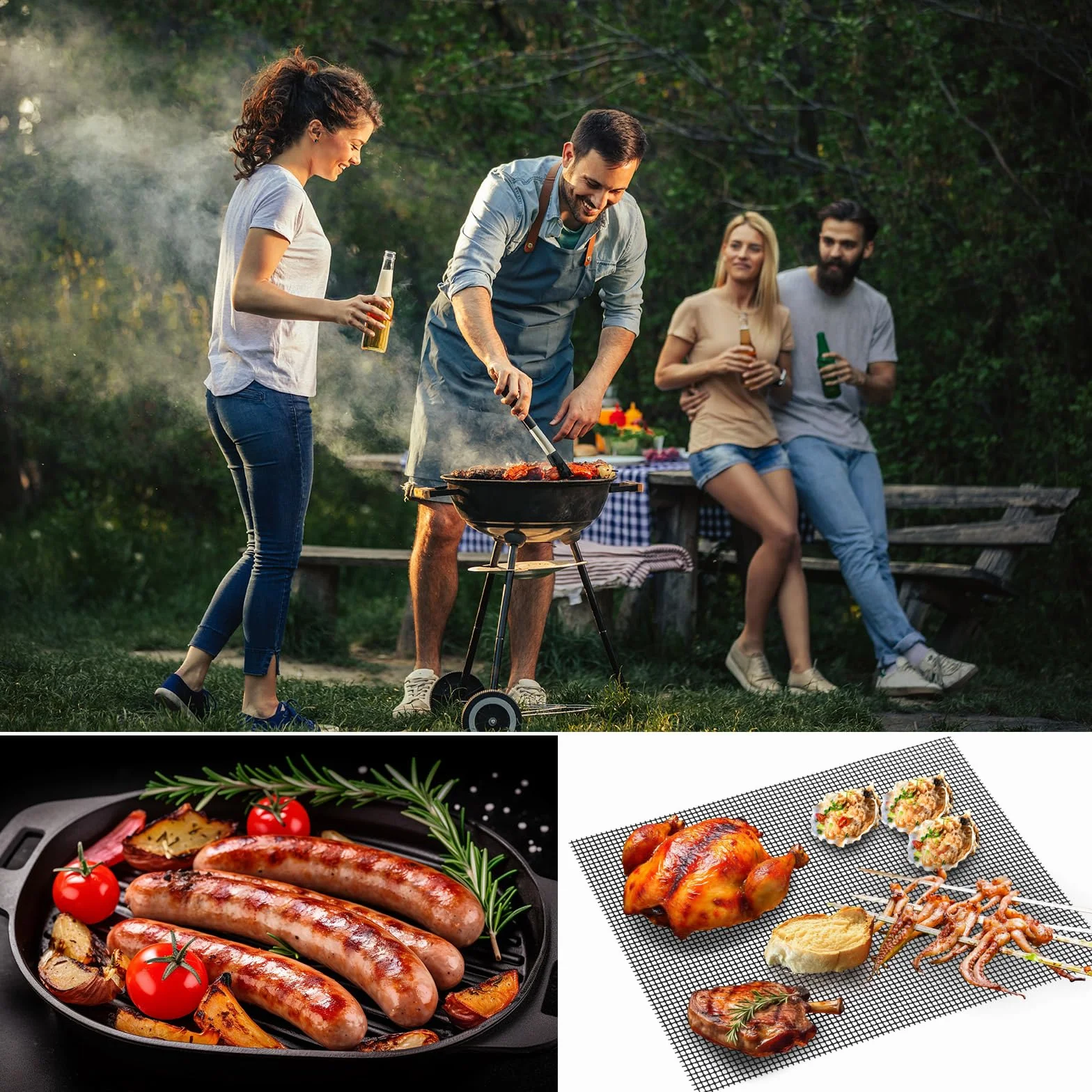 GWHOLE Zestaw 4 mat do grilla BBQ, nieprzywierające siatki do grillowania, uniwersalne