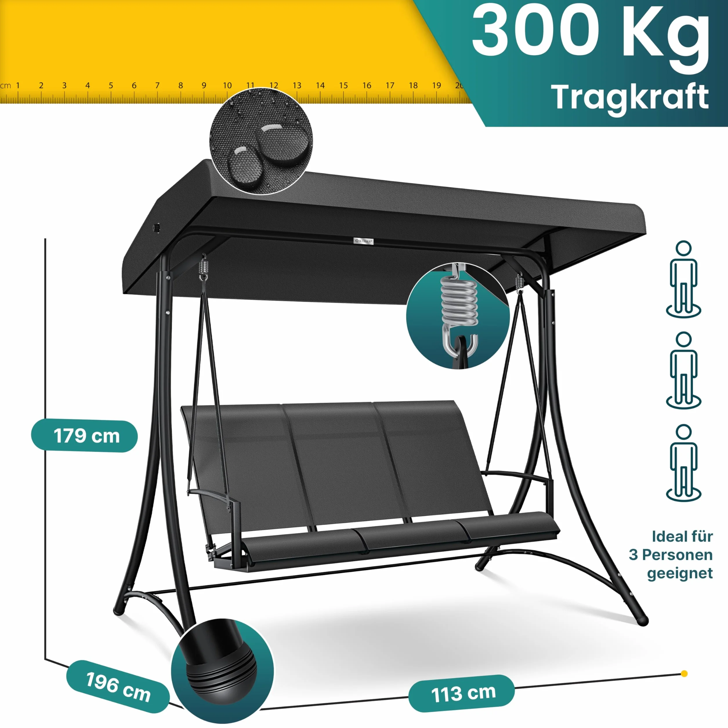 KESSER 3-osobowa huśtawka ogrodowa z markizą, huśtawka ogrodowa do 300 kg, leżak ogrodowy z antypoślizgowymi nóżkami, wodoszczelna ławka do użytku na zewnątrz i wewnątrz, rama