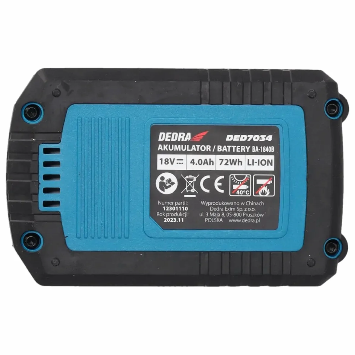 Dedra DED7034 – akumulator 18 V Li-Ion 4.0Ah, wskaźnik naładowania, gumowany spód, kompatybilny z serią SAS+ALL