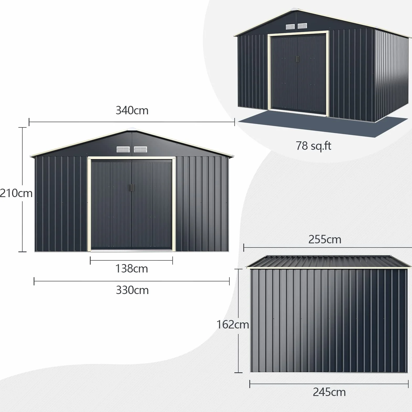 COSTWAY metalowa szopa narzędziowa 340x255x210 cm zamykana domek ogrodowy z drzwiami przesuwnymi