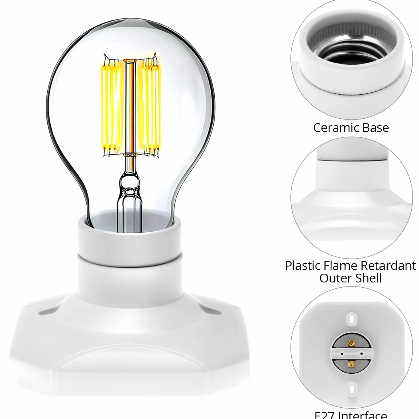 QWORK 4 gniazda żarówki E27, gniazdo śrubowe E27 z ceramiczną podstawą, gniazdo AC 220 V, do żarówek LED