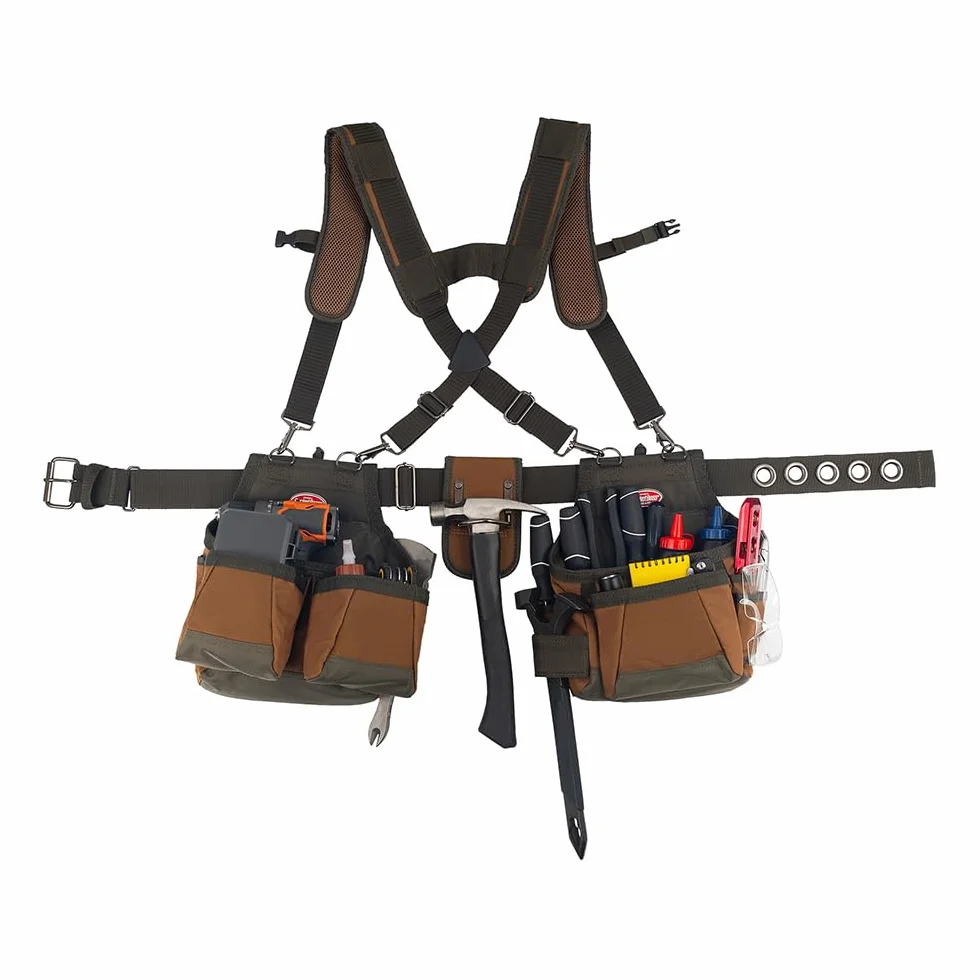 Bucket Boss - Pas narzędziowy Airlift z szelkami, paski narzędziowe - seria oryginalna (50100) z 12 kieszeniami, brązowy, 132 cm