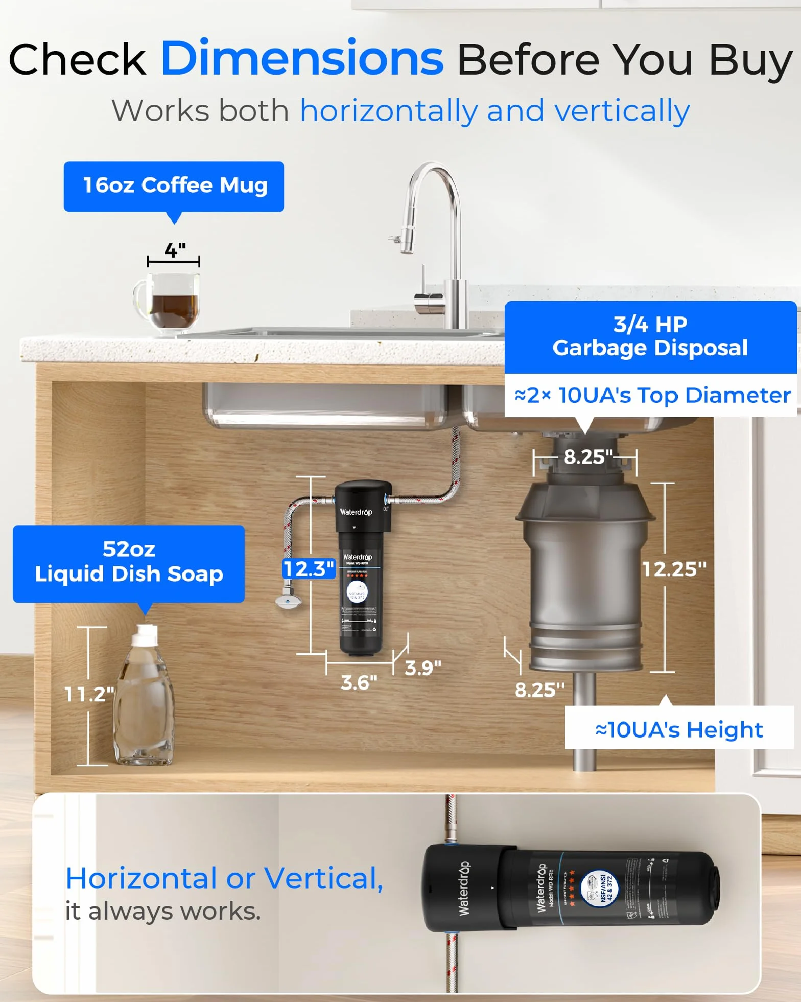 Waterdrop 10UA Podblatowy System Filtrów do Wody, Bezpośrednie Podłączenie do Baterii Kuchennej, Wysoka Wydajność Redukcji chloru 30000 Litrów, USA Tech