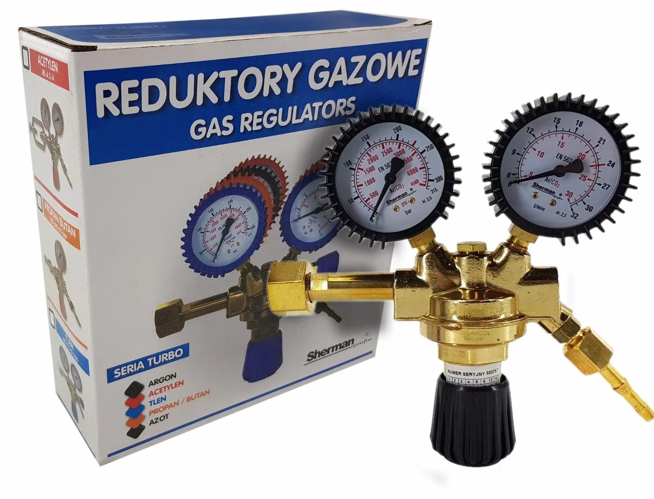 Reduktor ciśnienia regulator ciśnienia do argonu/CO2 gazu ochronnego do spawarki MIG/MAG Sherman Turbo W 21,8 x 1/14"