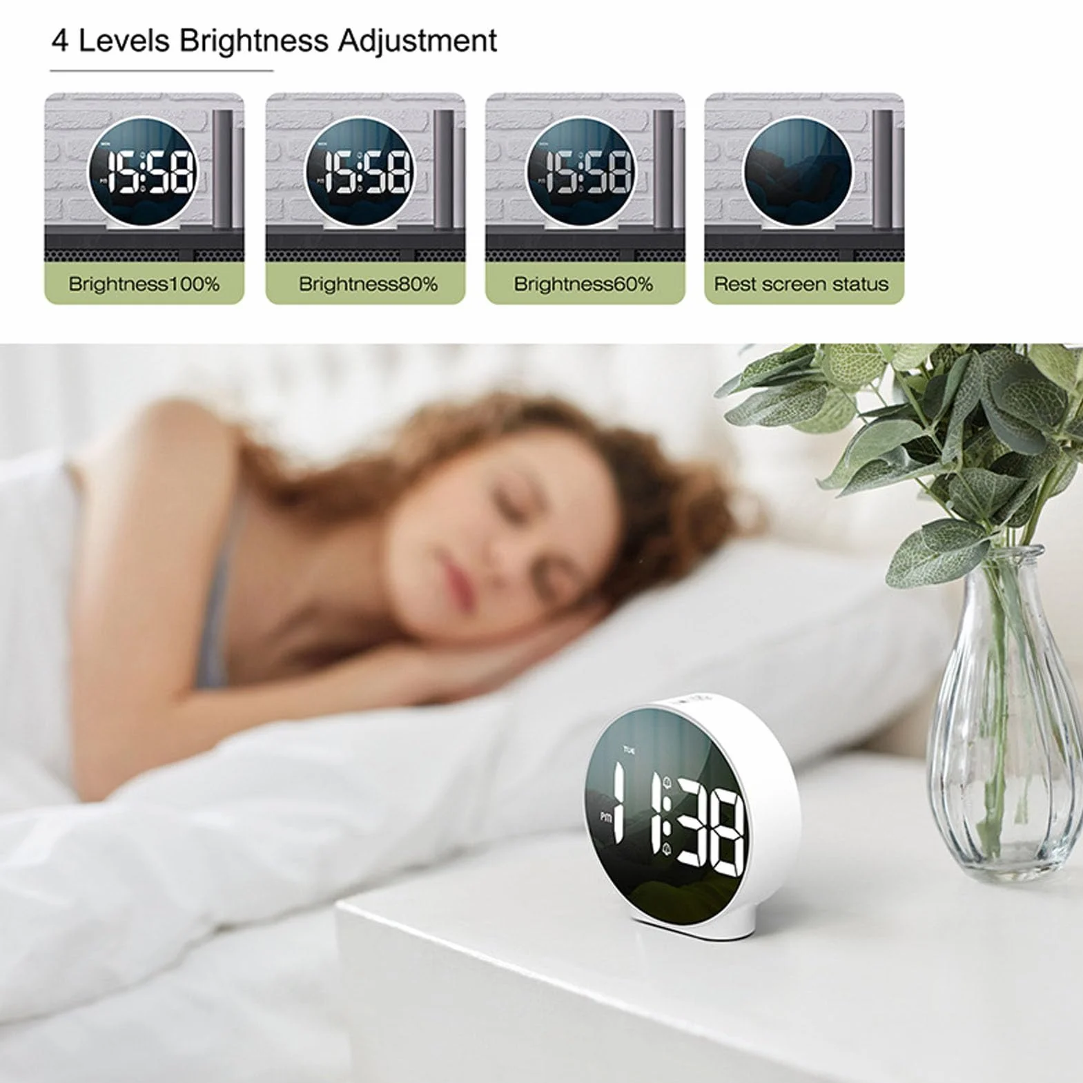 Cyfrowy budzik do sypialni, 10,2 cm, kreatywny budzik LED z dwoma alarmami, funkcja drzemki, 3-stopniowa jasność, ładowarka USB, lampka nocna RGB, okrągły (biała obudowa,