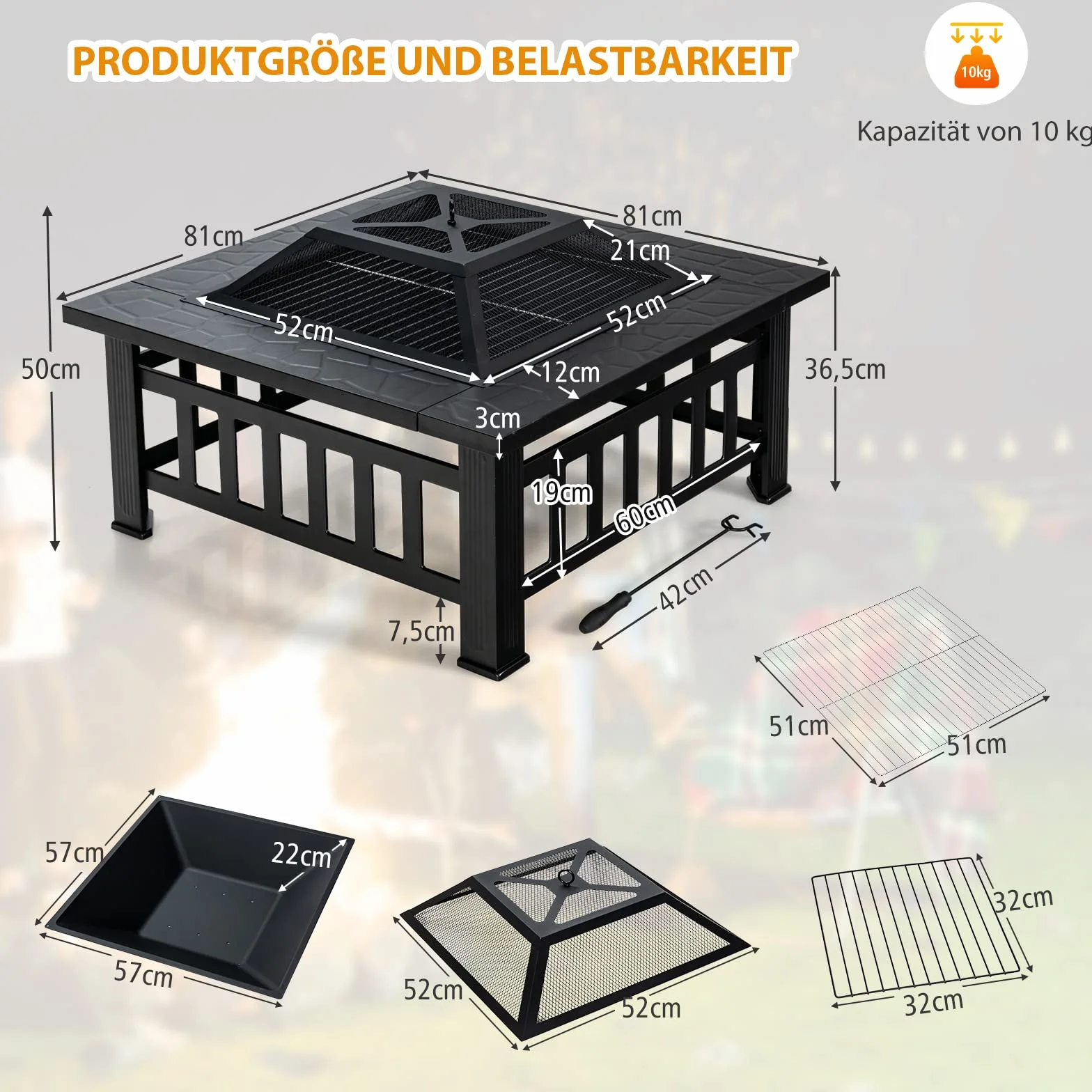 COSTWAY Palenisko z rusztem 3 w 1 z ochroną przed iskrami 81 x 81 x 50 cm Fire Pit do ogrodu czarny