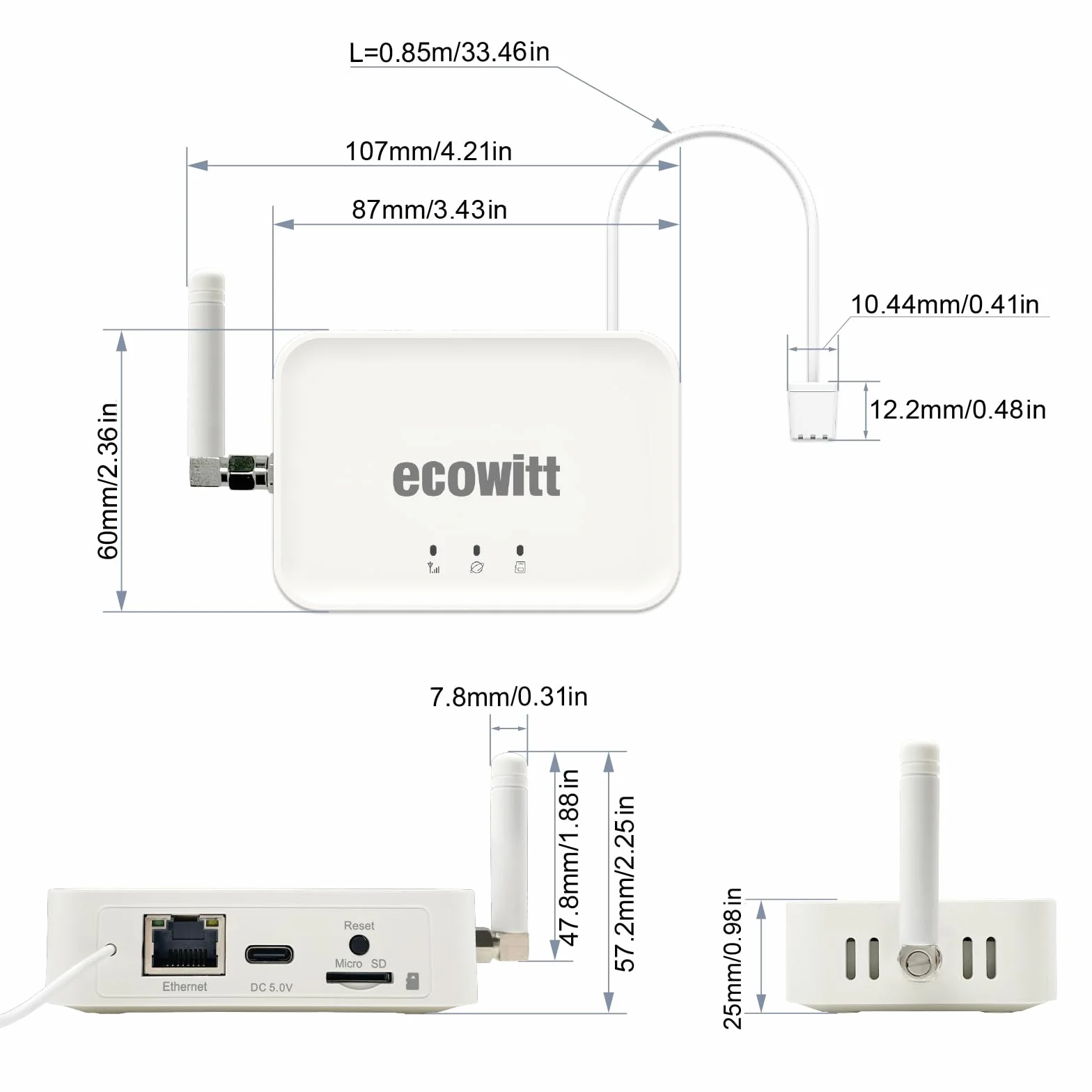 Ecowitt Bramka WIFI/Kablówka GW3000 dla stacji pogodowych z zewnętrznym czujnikiem, wbudowanym czujnikiem wewnętrznym 3w1: barometr/termometr/higrometr, domowy asystent pogodowy z łączem kart SD