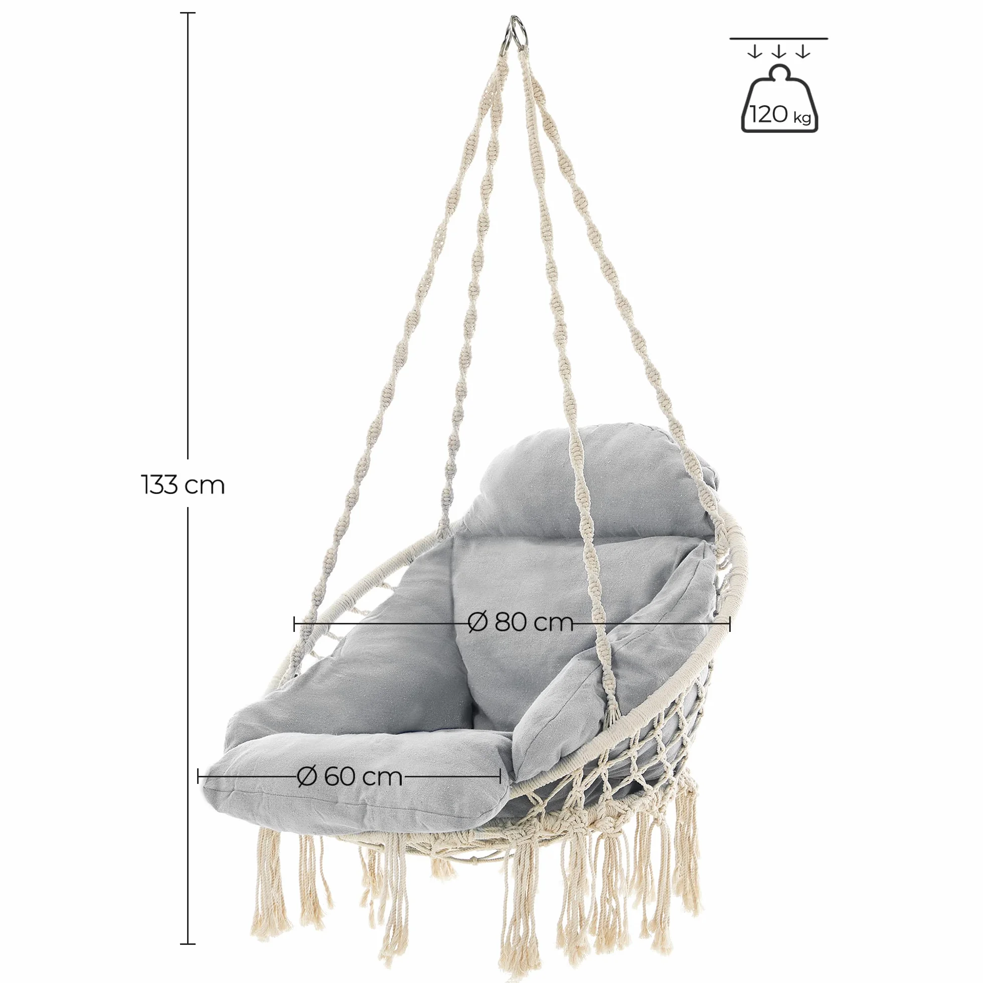 SONGMICS Fotel Wiszący, Huśtawka z Grubą Poduszką, Styl Skandynawski, Salonu, Taras, Ogrodu, Balkon, Obciążenie do 120 kg, Beżowo-Szary (GDC042G01)