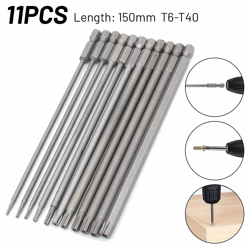 11 sztuk 150mm długi magnetyczny wkrętak torx bity z łbem płaskim sabotaż T6-T40 zestaw wierteł narzędzie ręczne do wkrętarki elektrycznej wiertarki