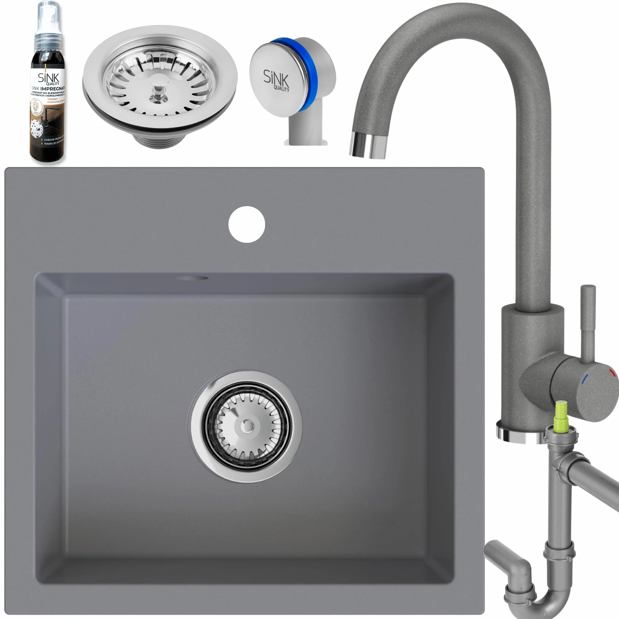 SINK Quality szary zlewozmywak z armaturą zestaw 45 × 42 cm – zlewozmywak z kranem, syfonem i impregnacją – kompletny zestaw z granitu – zlewozmywak do szafki pod umywalkę od 45 cm