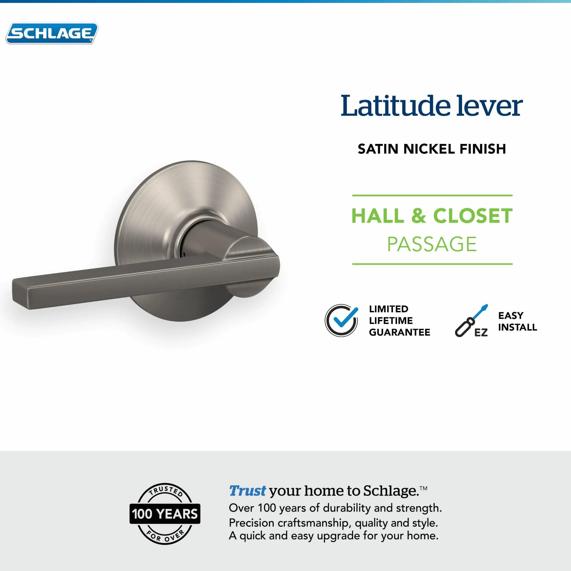 Schlage F10 LAT 619 Latitude Door Lever, Hall & Closet Passage Lock, Satin Nickel