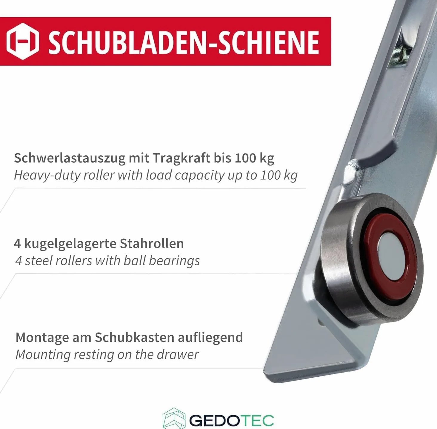 Gedotec wysuwany schowek z ciężkimi rolkami prowadzenie częściowe 650 mm szyna szufladowa montaż nakładkowy | FR206 | nośność 100 kg | stal ocynkowana | 1 para - ciężkie wysuwaki do szafek kuchennych