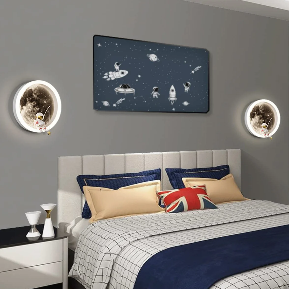 Lampa ścienna LED do pokoju dziecięcego księżyc, kinkiet astronauta dekoracja sypialni chłopca/dziewczyny, ściemniana za pomocą pilota, 20 CM, 3000 K-6000 K, 12 W, okrągła lampka nocna dla dzieci,White