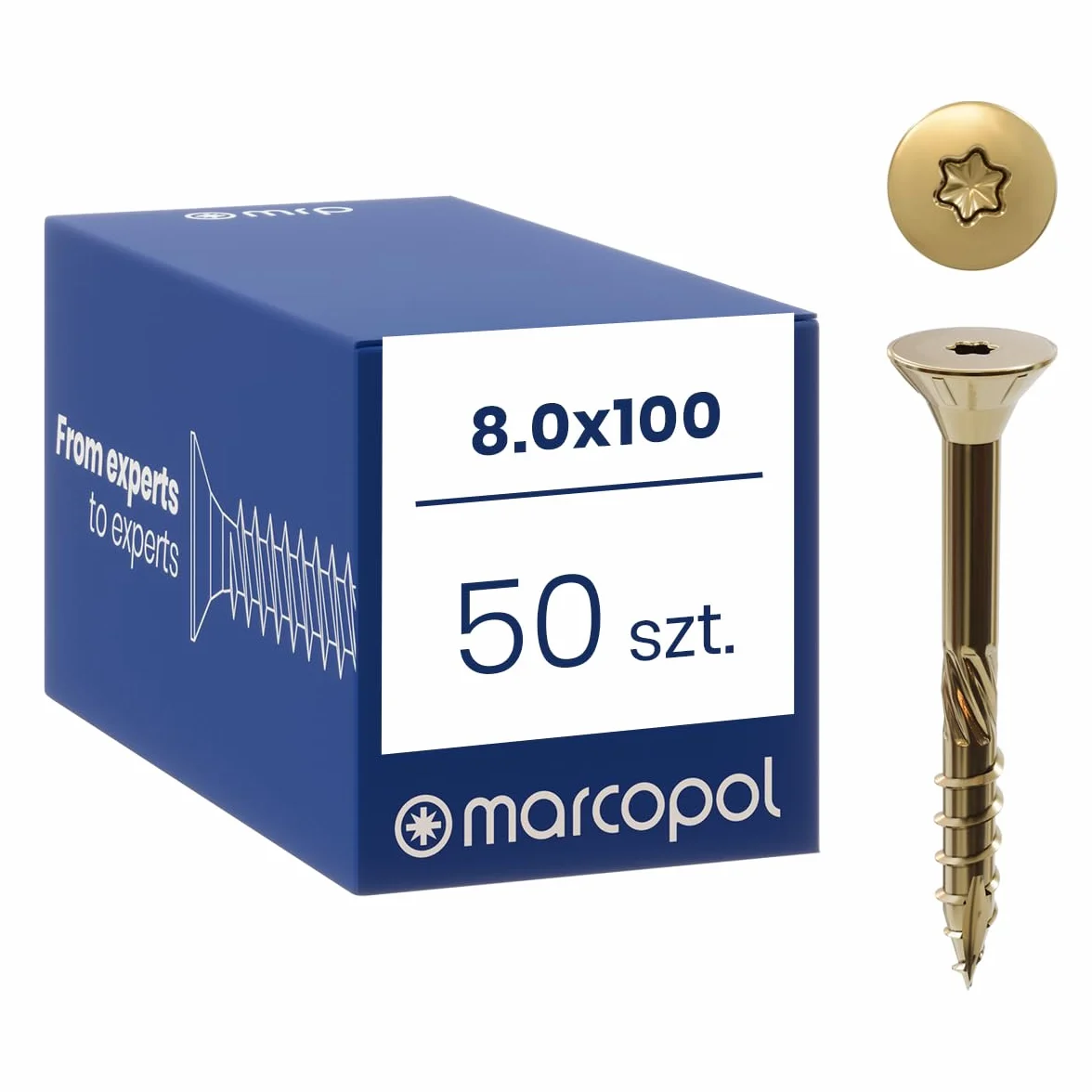 Marcopol Wkręty do drewna z łbem wpuszczanym 8 x 100 mm 50 sztuk TX40 żółte ocynkowane - śruby z łbem wpuszczanym z napędem Torx - śruby z końcówką frezującą, nacięciami tnącymi, frezarką nawiercaną i